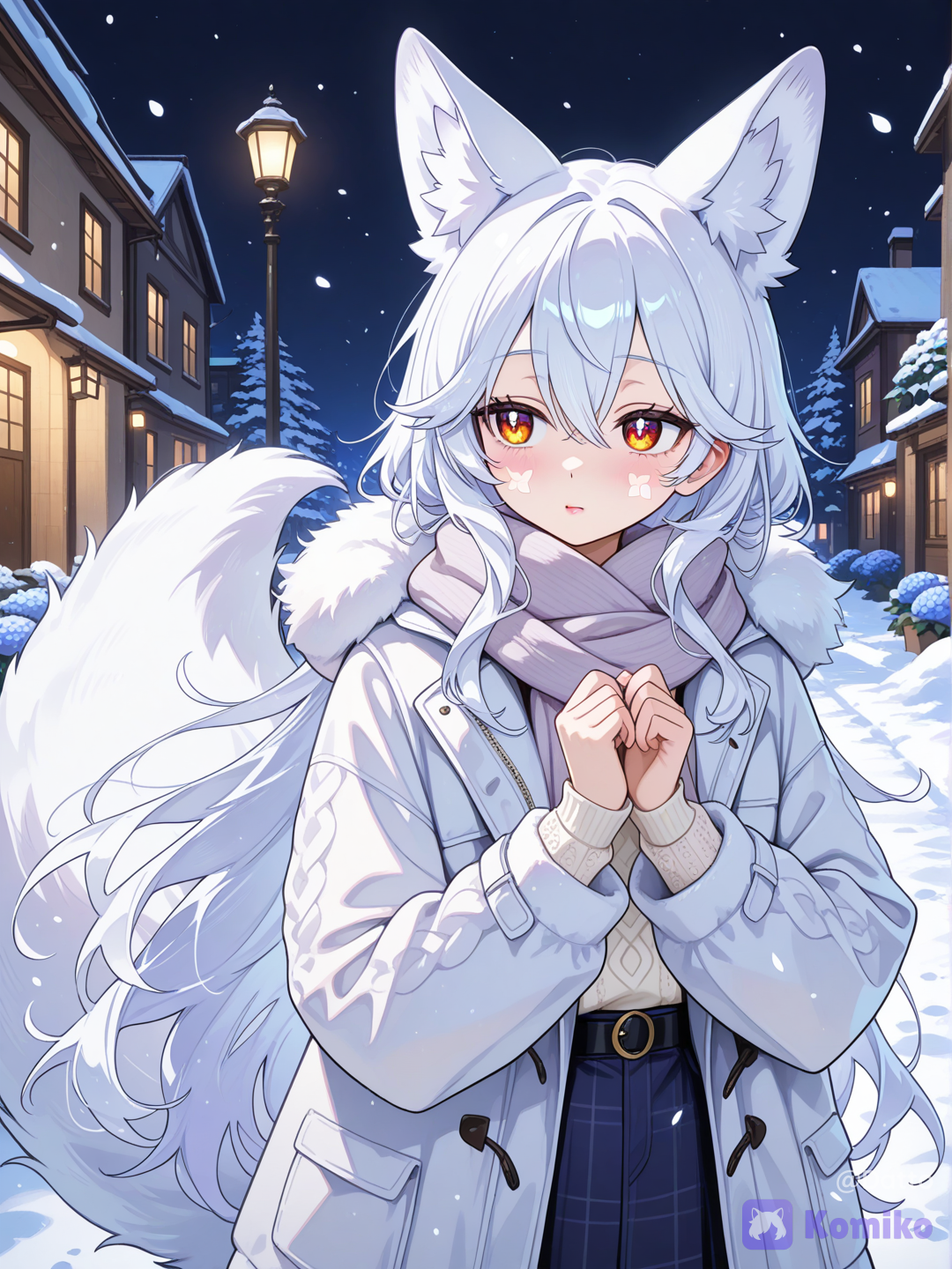 @yuki-U4OH, 1girl, 18+, young adult, slim petite figure, soft round face, gentle features, fair porcelain skin, long white snow hair, soft and flowing, few strands loose naturally, white fox ears soft pale cream inner fur, large fluffy white fox tail cream tip, warm amber golden eyes, soft iris with faint sunlight radiance pattern, small hydrangea blossom tucked behind one ear, pale blue purple petals delicate against white hair, soft natural blush on cheeks, sudden startled expression, eyes slightly widened as if just noticing something unexpected, lips softly parted in quiet surprise, dazed and gentle confusion, faint frost patterns lightly tracing along one cheek and side of neck, delicate thin icy crystalline lines, subtle and barely noticeable, soft pale blue tint blending naturally into skin, no visible wounds or discomfort, wearing thick cream knit sweater, oversized fluffy white fur-trimmed coat draped loosely over shoulders, pale lavender scarf wrapped loosely, knit sleeves covering hands, soft winter casual outfit, snow falling gently from dark night sky, distant soft glow of city lights, quiet peaceful urban back alley corner, snow-covered rooftops and lampposts in background, side three-quarter angle, character not facing viewer, gaze turned slightly away and upward toward the night sky, natural candid framing, as if the viewer just happened to notice the same change, soft peaceful atmosphere, cozy gentle mood, semi-realistic anime style, highly