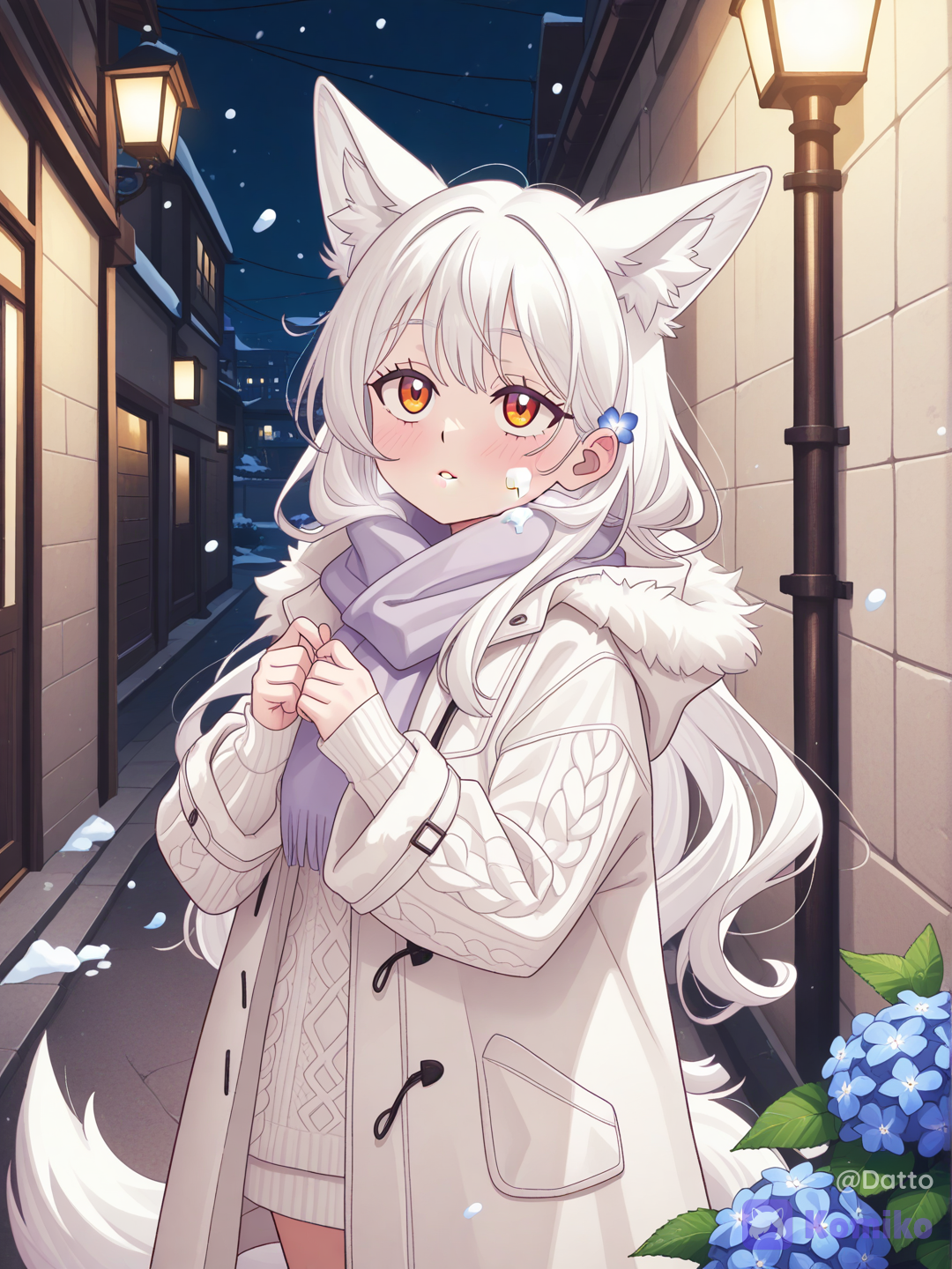 @yuki-U4OH, 1girl, 18+, young adult, slim petite figure, soft round face, gentle features, fair porcelain skin, long white snow hair, soft and flowing, few strands loose naturally, white fox ears soft pale cream inner fur, large fluffy white fox tail cream tip, warm amber golden eyes, soft iris with faint sunlight radiance pattern, small hydrangea blossom tucked behind one ear, pale blue purple petals delicate against white hair, soft natural blush on cheeks, sudden startled expression, eyes slightly widened as if just noticing something unexpected, lips softly parted in quiet surprise, dazed and gentle confusion, faint frost patterns lightly tracing along one cheek and side of neck, delicate thin icy crystalline lines, subtle and barely noticeable, soft pale blue tint blending naturally into skin, no visible wounds or discomfort, wearing thick cream knit sweater, oversized fluffy white fur-trimmed coat draped loosely over shoulders, pale lavender scarf wrapped loosely, knit sleeves covering hands, soft winter casual outfit, snow falling gently from dark night sky, distant soft glow of city lights, quiet peaceful urban back alley corner, snow-covered rooftops and lampposts in background, side three-quarter angle, character not facing viewer, gaze turned slightly away and upward toward the night sky, natural candid framing, as if the viewer just happened to notice the same change, soft peaceful atmosphere, cozy gentle mood, semi-realistic anime style, highly