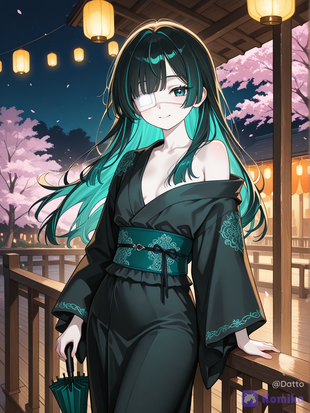 @reika-nMlO, OC, 1girl, young adult, cute and subtly cool appearance, soft pale skin, long hair with soft airy volume, charcoal black dominant, emerald green and teal blue interwoven in small scattered clusters throughout the length, vivid teal blue visible eye with warm relaxed shine, black matte eyepatch fully covering left eye, sleek medical-inspired design, thin dark strap disappearing beneath hair layers, calm genuine smile, corners of mouth naturally lifted, composed and mature expression with a subtle playful glint in the eye, standing at ease resting one hand lightly on a worn wooden balcony railing, other hand loosely holding a closed red paper umbrella tilted against her shoulder, modernized asymmetric wrap-style outer robe in deep charcoal black with emerald green lining visible at the fold, thin teal blue obi wrapped simply and low on the hip, single shoulder left bare, sleek minimal silhouette with clean lines instead of traditional wide sleeves, small subtle embroidery only along the hem, standing on a quiet wooden veranda overlooking the festival from a slight distance, cherry blossoms drifting slowly and gently past her, dim soft glow of distant festival lanterns blurred far below and behind her, most of the immediate space around her dark and calm, night sky, quiet intimate atmosphere, sense of a private moment apart from the crowd, soft ambient light gently illuminating her face and shoulder, natural eye-level angle, slight side profile, gaze turned softly toward the distant festival lights rather than at viewer, understated cinematic lighting, semi-realistic anime style, highly clean rendering, highly