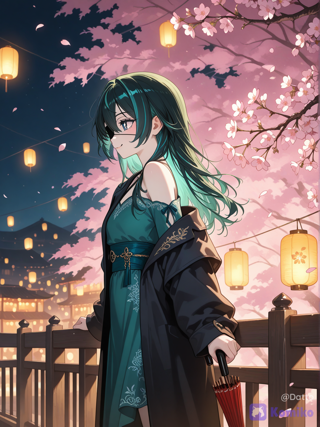 @reika-nMlO, OC, 1girl, young adult, cute and subtly cool appearance, soft pale skin, long hair with soft airy volume, charcoal black dominant, emerald green and teal blue interwoven in small scattered clusters throughout the length, vivid teal blue visible eye with warm relaxed shine, black matte eyepatch fully covering left eye, sleek medical-inspired design, thin dark strap disappearing beneath hair layers, calm genuine smile, corners of mouth naturally lifted, composed and mature expression with a subtle playful glint in the eye, standing at ease resting one hand lightly on a worn wooden balcony railing, other hand loosely holding a closed red paper umbrella tilted against her shoulder, modernized asymmetric wrap-style outer robe in deep charcoal black with emerald green lining visible at the fold, thin teal blue obi wrapped simply and low on the hip, single shoulder left bare, sleek minimal silhouette with clean lines instead of traditional wide sleeves, small subtle embroidery only along the hem, standing on a quiet wooden veranda overlooking the festival from a slight distance, cherry blossoms drifting slowly and gently past her, dim soft glow of distant festival lanterns blurred far below and behind her, most of the immediate space around her dark and calm, night sky, quiet intimate atmosphere, sense of a private moment apart from the crowd, soft ambient light gently illuminating her face and shoulder, natural eye-level angle, slight side profile, gaze turned softly toward the distant festival lights rather than at viewer, understated cinematic lighting, semi-realistic anime style, highly clean rendering, highly