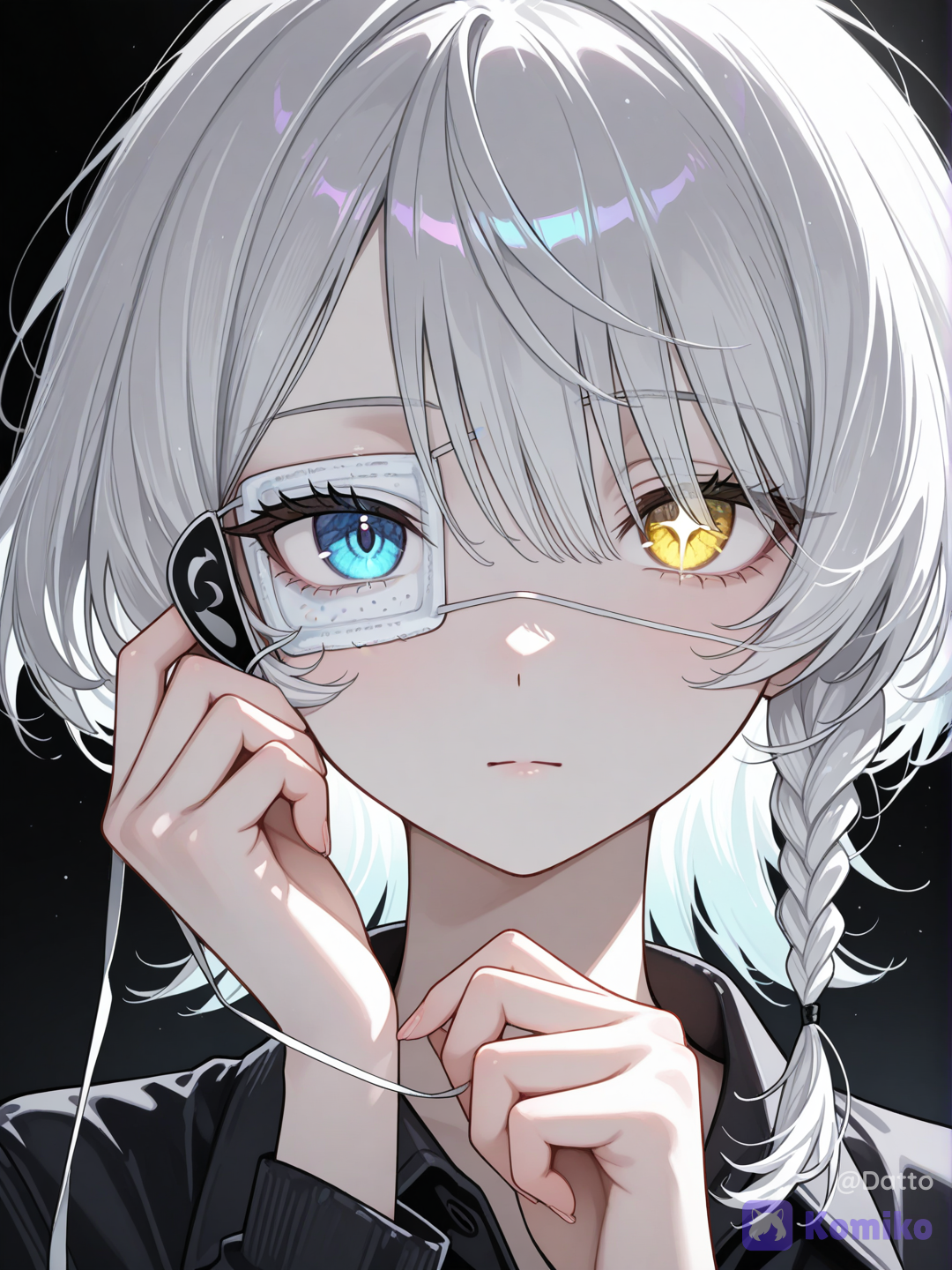 @mirei-YBrw,OC, 1girl, young adult, 18+, cute and subtly cool appearance, extreme close-up portrait, face fills almost entire frame, direct eye-level camera, head tilted at an asymmetrical off-kilter angle, tilt slightly unsettling not soft, soft pale skin rendered with enhanced shading and texture, subtle skin sheen, increased rendering detail across visible skin and body areas, short silver-white hair dominant 70 percent, deep wine red hair underneath 30 percent, wine red visible only at inner underlayers and lower strand tips, white silver on top and outer layers, asymmetrical short wolf-cut bob, fluffy volume at crown, feathered messy ends, long side bangs sweeping across face, thin stray strands breaking silhouette naturally, small thin braid on one side partially hidden under outer white hair layer, right eye visible muted reddish amber iris glowing brightly, black matte eyepatch over left eye lifted slightly upward by her own fingers, one hand raised deliberately holding the eyepatch edge up, fingers gently pinching the strap aside, intentional act of revealing the eye, left eye now visible beneath the lifted patch, left iris a pale turquoise cyan-blue tone glowing brightly, both eyes rendered as the brightest most saturated elements in the image, both iris colors the dominant color focus of the entire piece, thin dark strap of eyepatch stretched from the lifting motion, calm neutral expression, quiet composed stillness, flat unreadable affect, gaze fixed steadily and evenly on viewer despite the tilted head, deliberate act of showing something normally hidden, quiet significance in the gesture, no smile no frown, closed mouth, subdued watchful presence, restrained quiet intensity beneath the calm, plain simple dark high collared top, minimal design, pure black background, near total negative space, background almost entirely absent, monochrome black gray and white throughout except the two glowing iris colors, faint soft rim lighting along jaw cheekbone hair edges and raised hand, deep pure blacks, controlled contrast, semi-realistic anime style, highly clean rendering, highly eyes, intricate iris texture, hand, clean lineart, quiet composed atmosphere, subtle unease