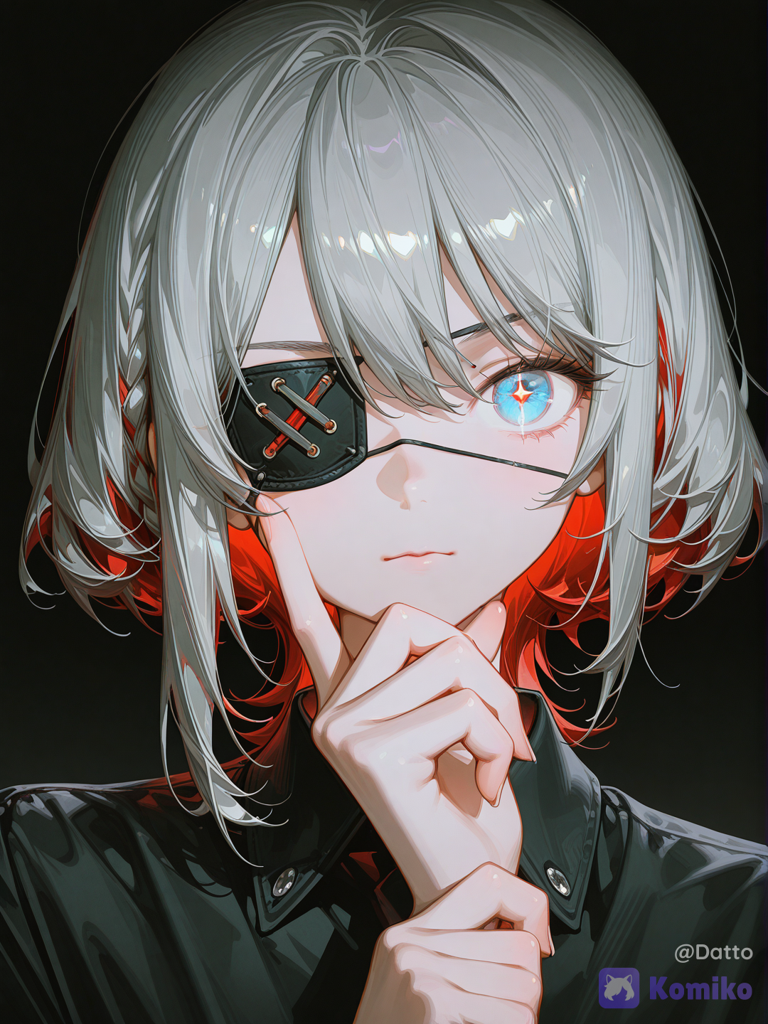 @mirei-YBrw,OC, 1girl, young adult, 18+, cute and subtly cool appearance, extreme close-up portrait, face fills almost entire frame, direct eye-level camera, head tilted at an asymmetrical off-kilter angle, tilt slightly unsettling not soft, soft pale skin rendered with enhanced shading and texture, subtle skin sheen, increased rendering detail across visible skin and body areas, short silver-white hair dominant 70 percent, deep wine red hair underneath 30 percent, wine red visible only at inner underlayers and lower strand tips, white silver on top and outer layers, asymmetrical short wolf-cut bob, fluffy volume at crown, feathered messy ends, long side bangs sweeping across face, thin stray strands breaking silhouette naturally, small thin braid on one side partially hidden under outer white hair layer, right eye visible muted reddish amber iris glowing brightly, black matte eyepatch over left eye lifted slightly upward by her own fingers, one hand raised deliberately holding the eyepatch edge up, fingers gently pinching the strap aside, intentional act of revealing the eye, left eye now visible beneath the lifted patch, left iris a pale turquoise cyan-blue tone glowing brightly, both eyes rendered as the brightest most saturated elements in the image, both iris colors the dominant color focus of the entire piece, thin dark strap of eyepatch stretched from the lifting motion, calm neutral expression, quiet composed stillness, flat unreadable affect, gaze fixed steadily and evenly on viewer despite the tilted head, deliberate act of showing something normally hidden, quiet significance in the gesture, no smile no frown, closed mouth, subdued watchful presence, restrained quiet intensity beneath the calm, plain simple dark high collared top, minimal design, pure black background, near total negative space, background almost entirely absent, monochrome black gray and white throughout except the two glowing iris colors, faint soft rim lighting along jaw cheekbone hair edges and raised hand, deep pure blacks, controlled contrast, semi-realistic anime style, highly clean rendering, highly eyes, intricate iris texture, hand, clean lineart, quiet composed atmosphere, subtle unease, [high-gloss-illustration-style]