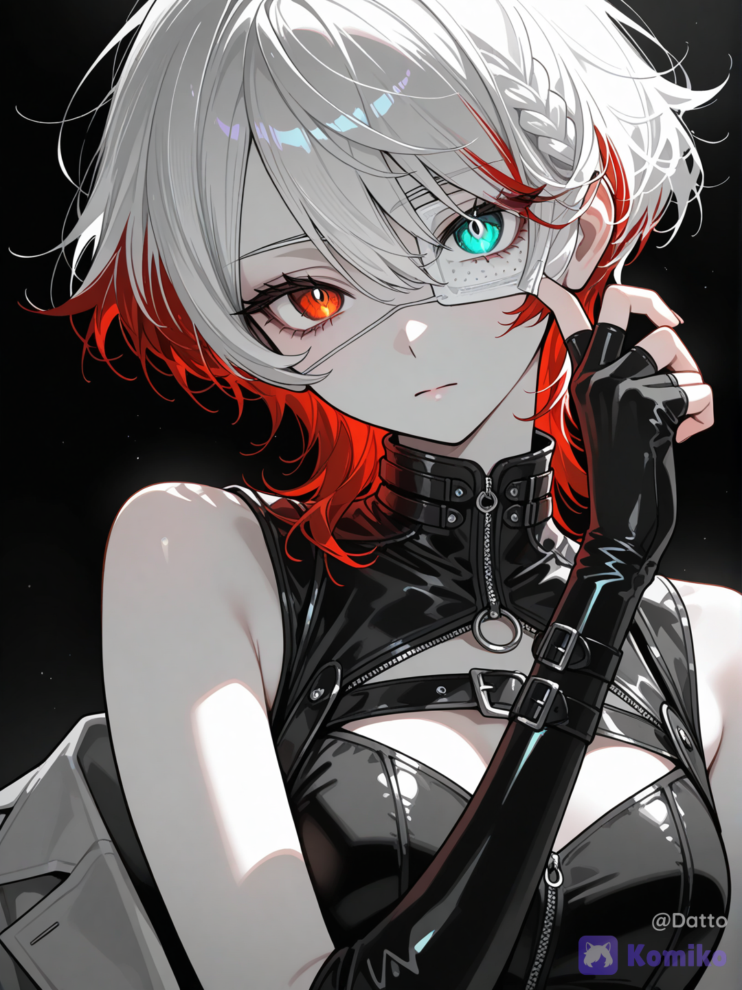 @mirei-YBrw,OC, 1girl, young adult, 18+, cute and subtly cool appearance, upper body portrait shot from waist up, face and torso both clearly visible within frame, direct eye-level camera, head tilted at an asymmetrical off-kilter angle, tilt slightly unsettling not soft, soft pale skin, short silver-white hair dominant 70 percent, deep wine red hair underneath 30 percent, wine red visible only at inner underlayers and lower strand tips, white silver on top and outer layers, asymmetrical short wolf-cut bob, fluffy volume at crown, feathered messy ends, long side bangs sweeping across face, thin stray strands breaking silhouette naturally, small thin braid on one side partially hidden under outer white hair layer, right eye visible muted reddish amber iris glowing brightly, black matte eyepatch over left eye lifted slightly upward by her own fingers, one hand raised deliberately holding the eyepatch edge up, fingers gently pinching the strap aside, left iris a pale turquoise cyan-blue tone glowing brightly, both iris colors the dominant color focus of the entire piece, calm neutral expression, quiet composed stillness, gaze fixed steadily on viewer despite the tilted head, no smile no frown, closed mouth, restrained quiet intensity beneath the calm, asymmetrical long dark charcoal coat clearly visible, lab-coat and trench hybrid silhouette, one side hem falling long past the hip, opposite side cut short exposing the waist, diagonal off-center zipper and buckle closures visible on torso, matte metal hardware echoing the eyepatch's clinical design language, structured stiff collar on one side only, collar folded down softly on the other side, fitted high-neck sleeveless base layer visible underneath the open coat, one arm wearing a fingerless dark leather glove extending to the elbow on the arm raising the eyepatch, opposite arm bare with short uneven coat sleeve, thin technical straps crossing near the shoulder echoing the eyepatch strap, silhouette deliberately uneven mirroring her asymmetrical hairstyle, pure black background, near total negative space, monochrome black gray and white throughout except the two glowing iris colors, controlled contrast, deep pure blacks, faint rim lighting along jaw shoulder and coat edges, semi-realistic anime style, highly clean rendering, highly eyes, fabric folds, clean lineart, quiet composed atmosphere