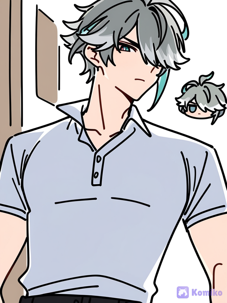 [doodle-sketch-style], @Alhaitham_(Genshin_Impact), polo shirt