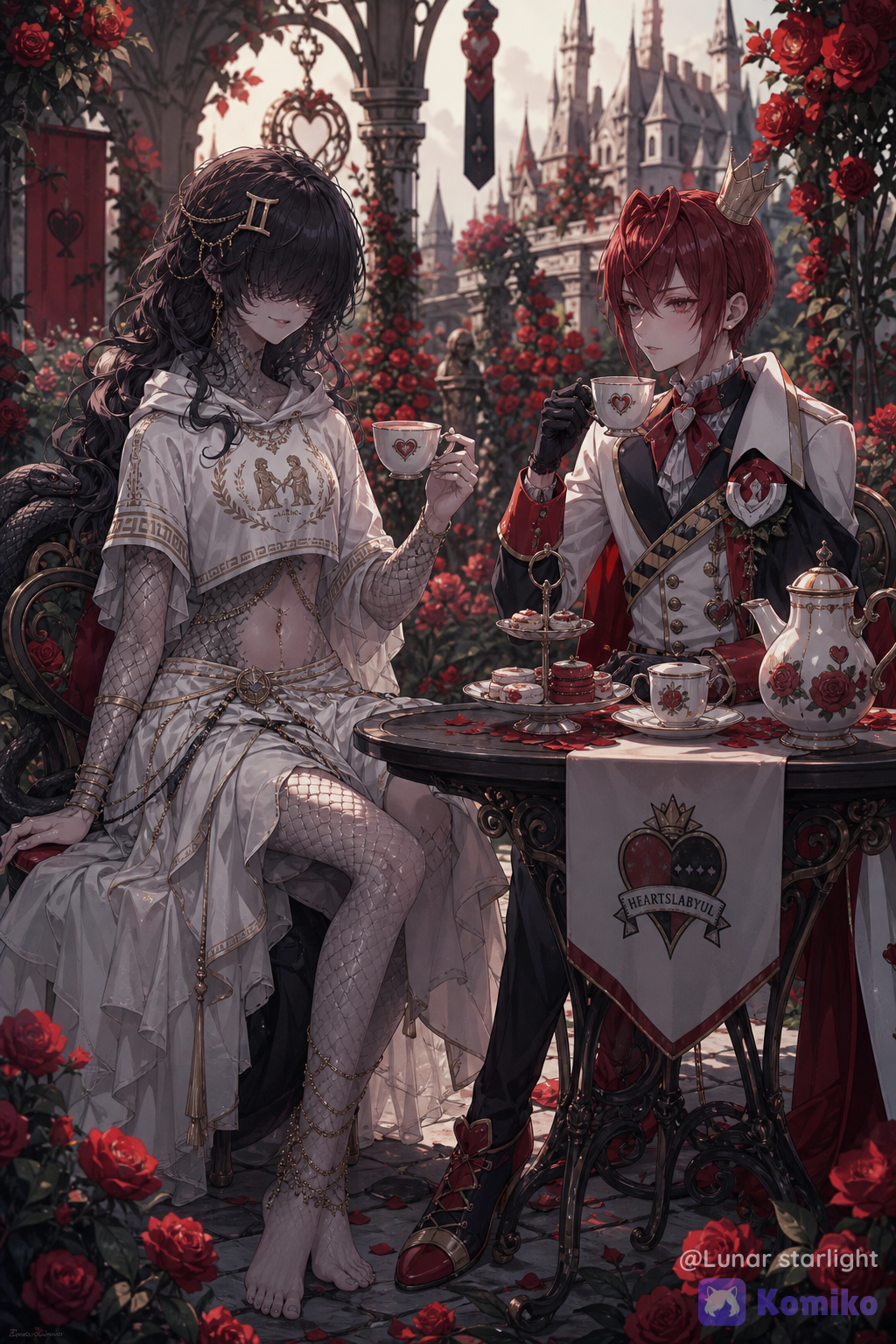 twisted wonderland, 2 people, female with snake scales on her body, Greek mythology themed crop hoodie and layer skirt, Gemini hair clip, fluffy hair with her bangs covering her eyes, barefoot,and riddle rosehearts having tea in heartsabyul's rose garden