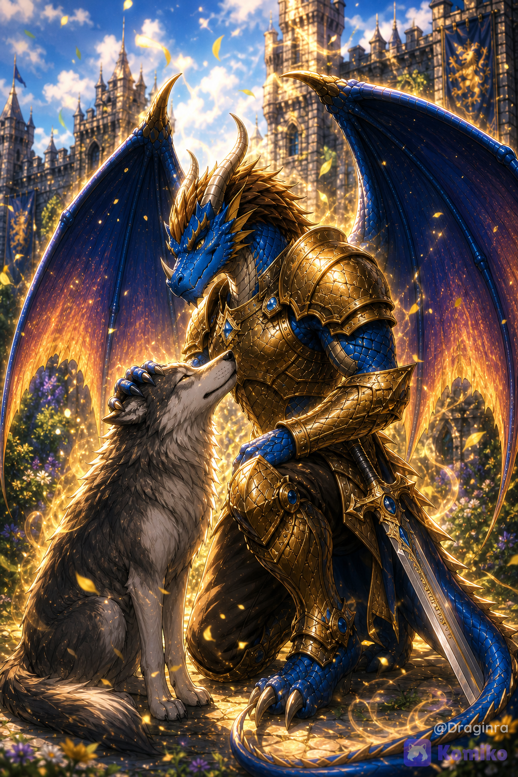 Redraw the exact image[keep the dragon's nose horn], add a trusty loyal wolf partner, the dragon is smiling, kneeling down and petting the wolf, looking the wolf in the eyes, castle courtyard garden background, leaves blowing around, they are surrounded by an aura, in Japanese anime style, extremely