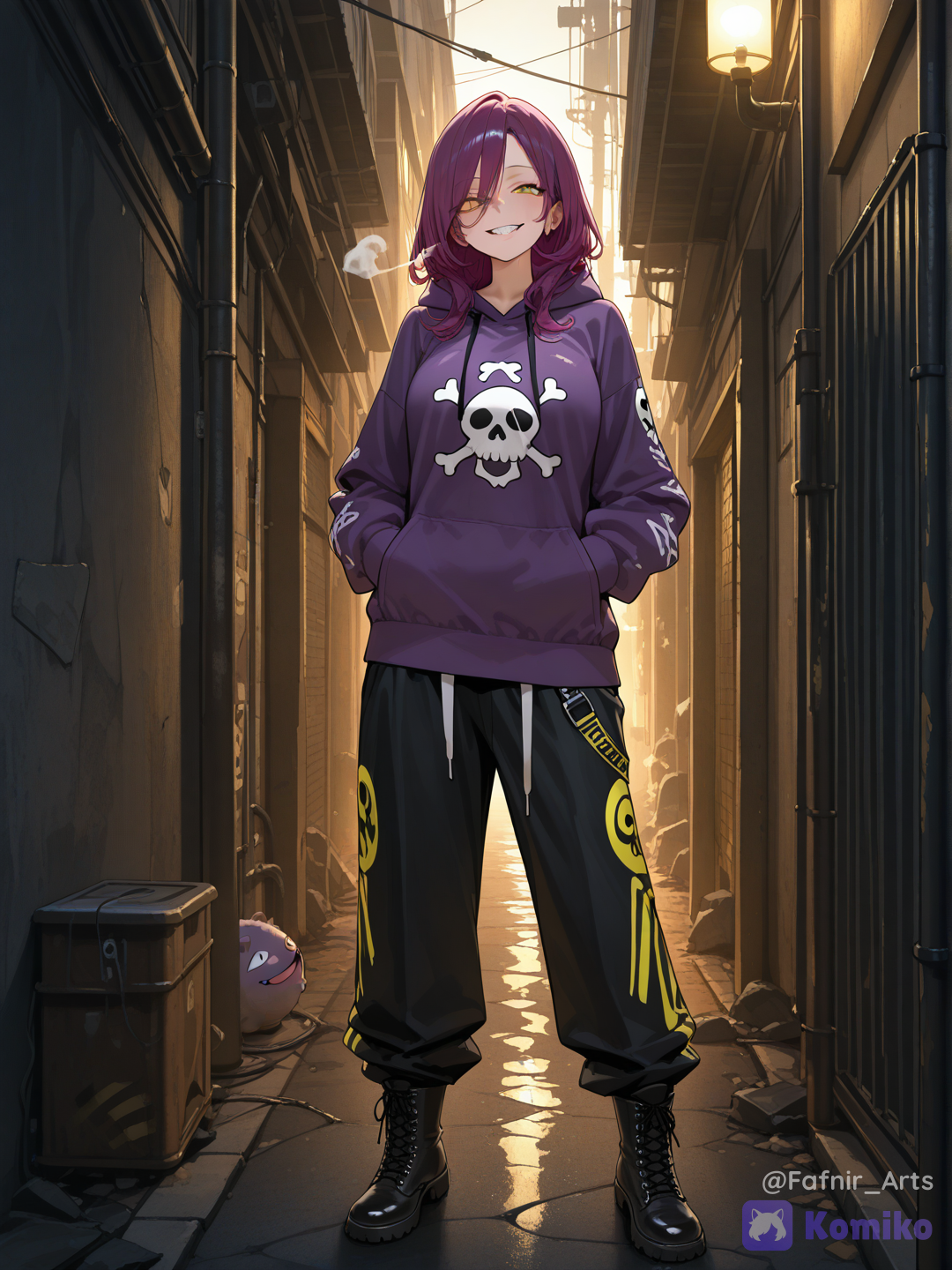 Full body shot, front view, one 18-year-old rebellious adult woman humanization of Koffing pokemon, standing in a dark gritty industrial factory alley background. She has short messy purple hair, sharp mischievous eyes, and a wide toothy grin. She is wearing loose grunge streetwear: a massive oversized deep-purple hoodie with a prominent white skull-and-crossbones symbol printed on the stomach area, baggy dark pants, and combat boots. Puffs of semi-transparent yellowish-gas and toxic smoke swirl around her body. Human body, human face, realistic proportions.[vivid-oil-cel-style]