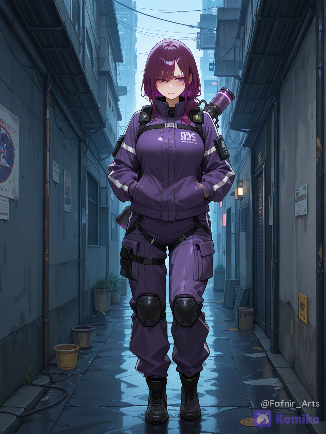 Full body shot, front view, one 25-year-old somber adult woman humanization of Weezing pokemon, standing in a smog-filled dystopian city background. She has long purple hair, tired heavy eyes, and a sad downturned mouth. She is wearing loose complex techwear: a massive, bulky asymmetric purple tactical jacket with multiple straps and heavy pockets. A secondary distinct spherical padded pod with a small angry face pattern is fused onto her right shoulder weapon-style. Pungent purple gas oozes from vents on her outfit. Human body, human face, realistic adult anatomy.[vivid-oil-cel-style]