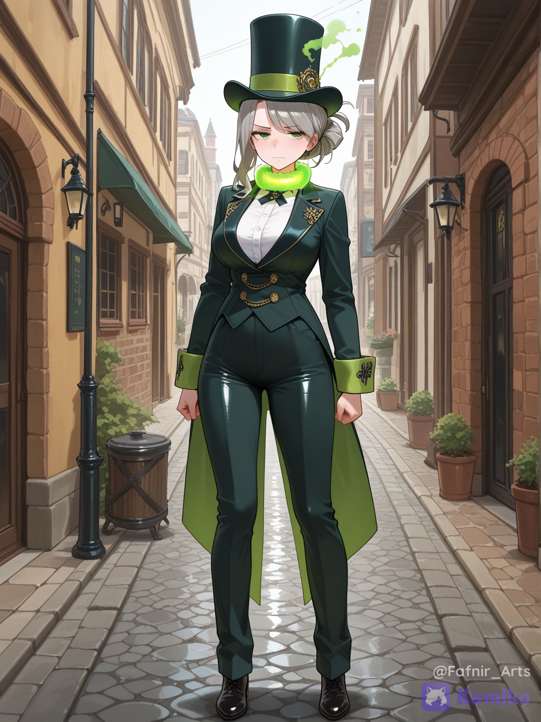 Full body shot, front view, one 32-year-old aristocratic mature woman humanization of Galarian Weezing pokemon, standing in a Victorian-era cobblestone street with steam-machinery background. She has a proud, stern expression. Her dark grey hair is styled into an exceptionally tall, vertical top-hat cylinder shape with green smoke gently rising from the top peak. She wears a voluminous cloud of glowing green gas around her neck and lips like a fluffy mustache and ruff collar. She is wearing a loose-fitting, elegant dark-grey charcoal Victorian pantsuit with a long tailcoat. Human body, human face, mature adult posture.[vivid-oil-cel-style]