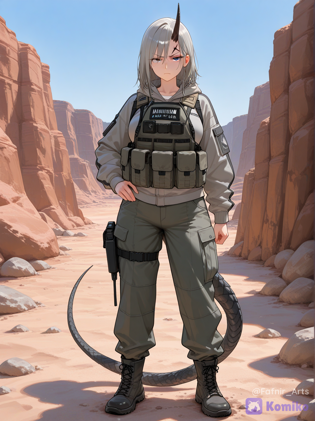 Full body shot, front view, one 18-year-old tough adult woman humanization of Rhyhorn pokemon, standing in a rugged grey rocky canyon background. She has short ash-grey hair, a single small sharp grey stone horn protruding from the center of her forehead, and a stubborn scowl. She is wearing heavy loose streetwear: a massive, bulky grey jacket with distinct angular rock-like segmented layers, very wide grey tactical cargo pants, and heavy combat boots. A rigid stone-plated tail rests on the ground behind her. Human body, human face, sturdy realistic proportions.[vivid-oil-cel-style]
