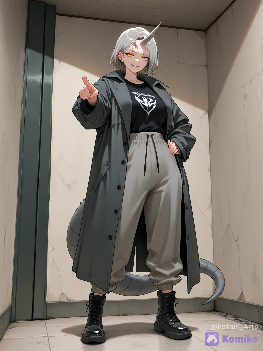 Full body shot, front view, one 25-year-old powerful adult woman humanization of Rhydon pokemon, standing inside a dark concrete underground bunker background. She has sharp narrow eyes and a fierce confident smirk. Her hair is short and grey. On the exact center of her forehead, there is a single long vertical grey metallic drill-shaped spike pointing forward. She is wearing very loose alternative streetwear: an exceptionally baggy oversized grey trench-coat, wide loose grey cargo sweatpants, and heavy black boots. A thick, long, striped segmented grey tail extends behind her. Human body, human face, realistic proportions.[vivid-oil-cel-style]