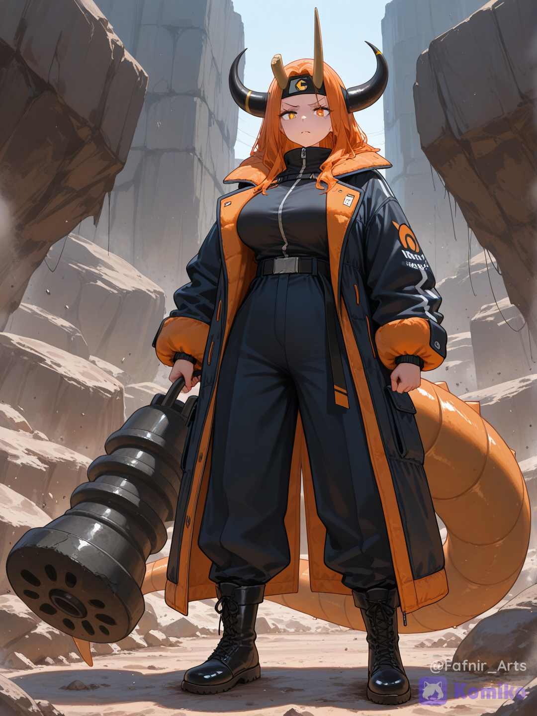 Full body shot, front view, one 35-year-old imposing mature woman humanization of Rhyperior pokemon, standing in a dusty rocky quarry with crumbling earth. She has a commanding, stern expression. On her head, she wears a thick orange protective forehead-band, and on the exact center of the band stands a single massive heavy bronze drill-shaped cone spike. She is wearing ultra-loose heavy clothing: a colossal, super-oversized thick safety-orange and brown winter puffer coat that looks like giant puffy segments, with big black circular details. She wears very wide baggy dark trousers and heavy boots. A thick tail with a large boulder on the tip rests behind her. Human body, human face, mature adult figure.[vivid-oil-cel-style]