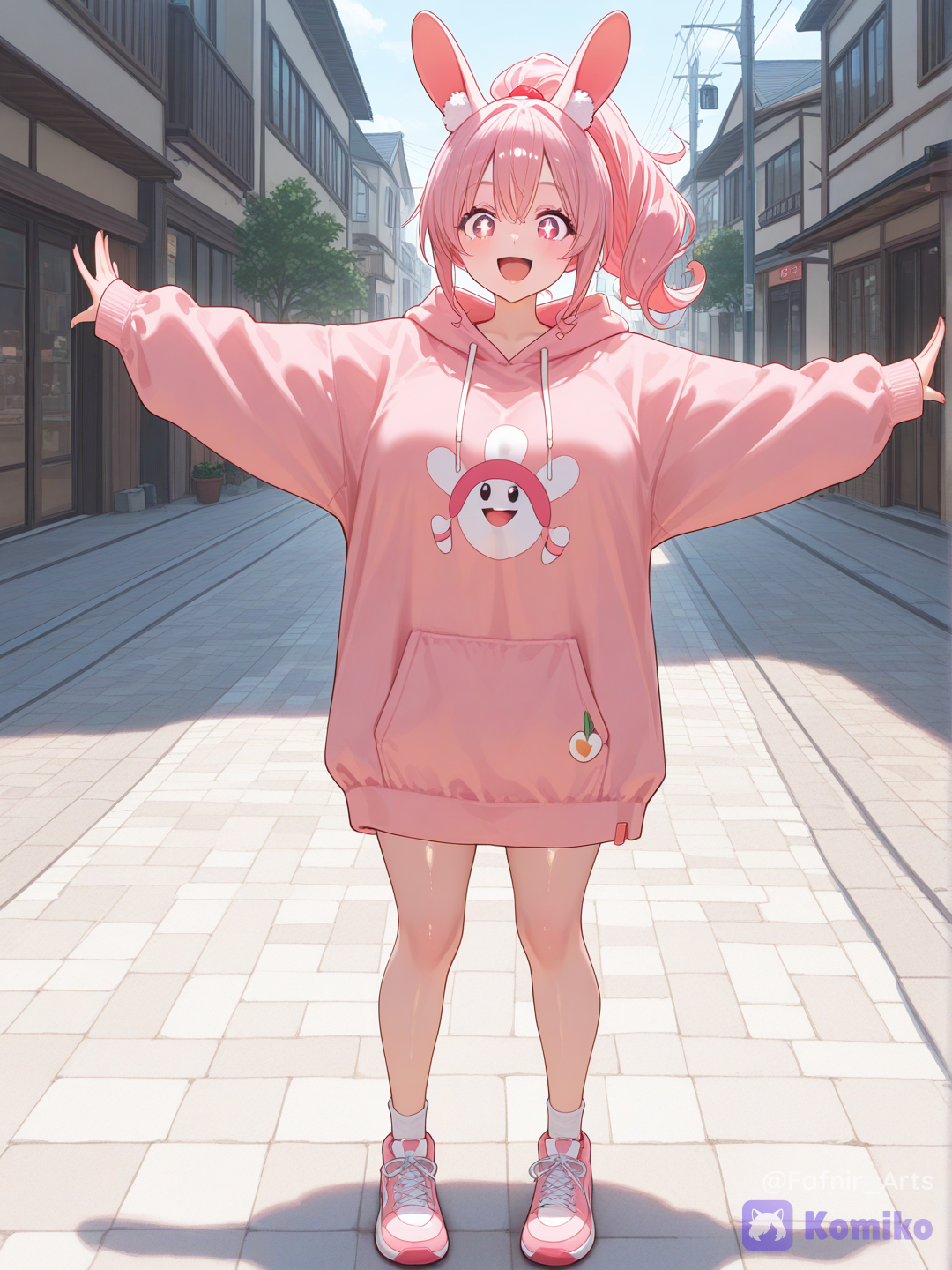 Full body shot, front view, one 18-year-old cheerful adult woman humanization of Happiny pokemon, standing in a sunny peaceful town park background. She has bright pink hair tied into a single high, curly ponytail on top of her head and pink small oval ears on the sides. She has big round sparkling eyes and a wide joyful smile. She is wearing loose comfortable streetwear: an oversized hoodie where the top half is dark pink and the bottom half is white. Inside the large front kangaroo pocket of her hoodie, she carries a smooth round white stone. Human body, human face, realistic proportions.[vivid-oil-cel-style]