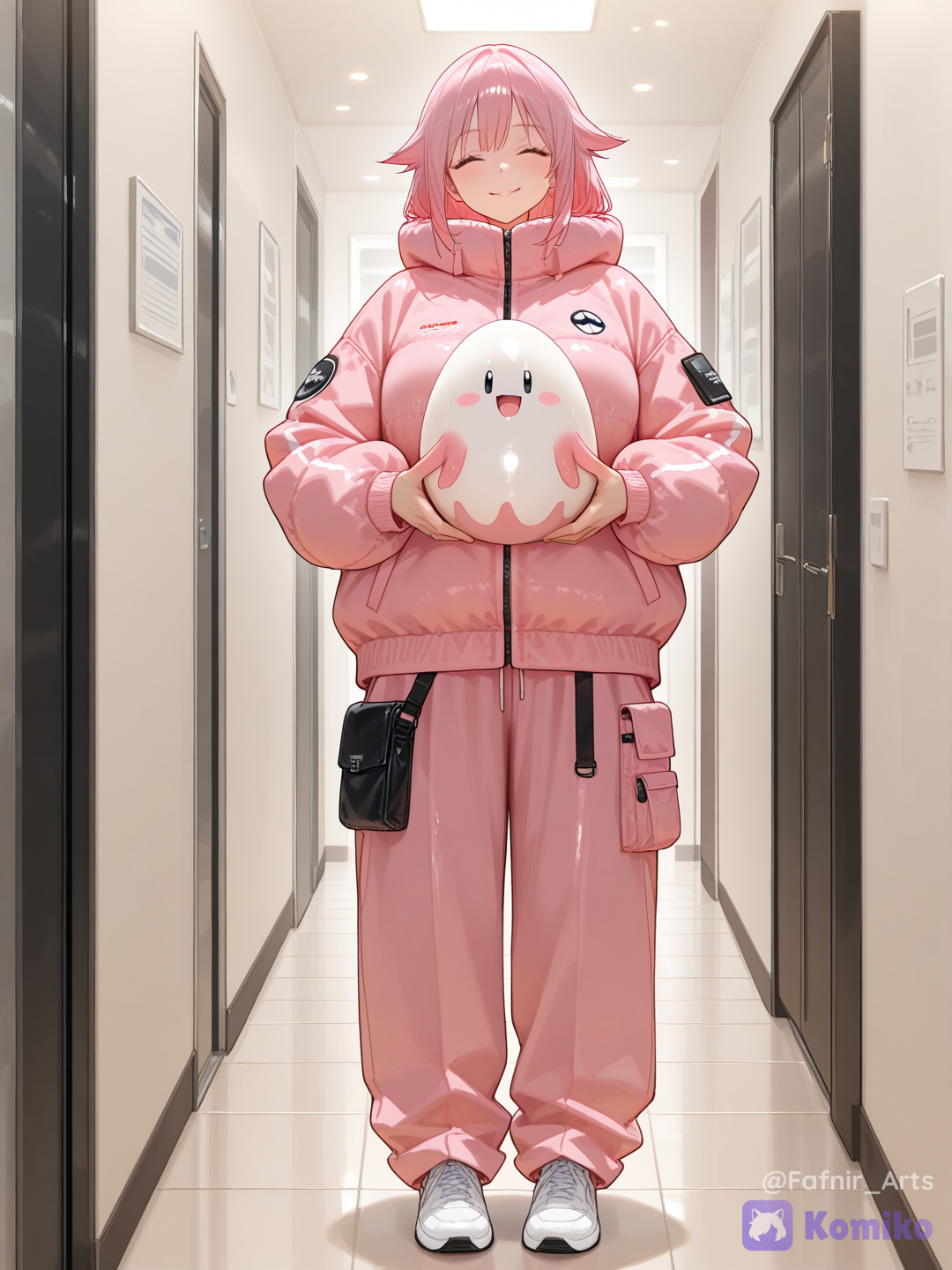 Full body shot, front view, one 25-year-old kind adult woman humanization of Chansey pokemon, standing inside a clean futuristic Pokemon Center lobby background with soft lighting. She has short pink hair with three distinct decorative pink hair-flaps framing each side of her face. She has a warm, closed-eyes happy smile. She is wearing very loose fashion: a massive, puffy oversized pastel-pink zip-up jacket and wide cream trousers. A prominent fabric pouch is stitched onto the belly of her jacket, securely holding a large, pristine white egg. Human body, human face, realistic adult anatomy.[vivid-oil-cel-style]