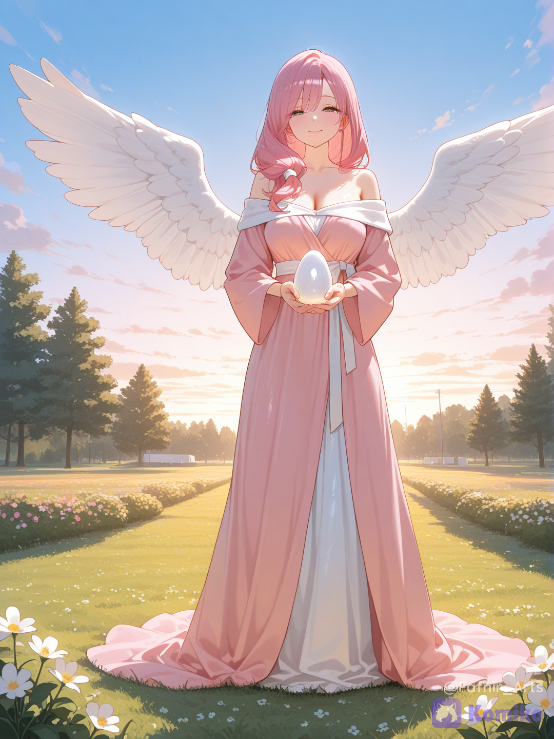 Full body shot, front view, one 32-year-old beautiful mature woman humanization of Blissey pokemon, standing in a luminous hospital garden under a rainbow sky background. She has elegant pink hair with fluffy white curled tufts on the sides of her head, and a serene, deeply compassionate smile. She is wearing a magnificent loose-fitting fashion: a flowing, voluminous white and pink gradient maxi gown with soft, feathery white wing-like epaulets on her shoulders. A neat white pocket on the front of the dress holds a glowing white egg. Human body, human face, mature adult figure.[vivid-oil-cel-style]