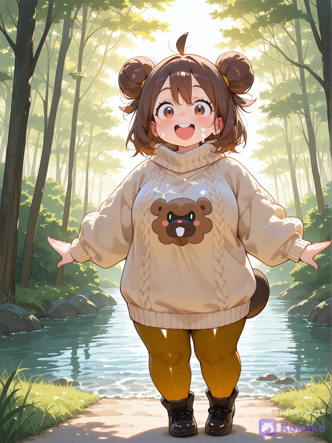 Full body shot, frontal view, a single 18-year-old plump, adorable country-girl female humanization of Bidoof pokemon. She has a lovely human face with prominent, large fluffy brown cheek patches and two cute buck teeth visible. Her bushy brown hair is styled into large, round fluffy buns. She has short round brown ears and a short flat beaver tail. She is wearing a cozy, oversized brown and cream modern sweater with a soft texture. She has a completely innocent, joyful, and wide-eyed smiling expression. The background is a beautiful sunlit riverbank inside the Sinnoh forest. 100% recognizable Bidoof design, perfect anatomy, [vivid-oil-cel-style]