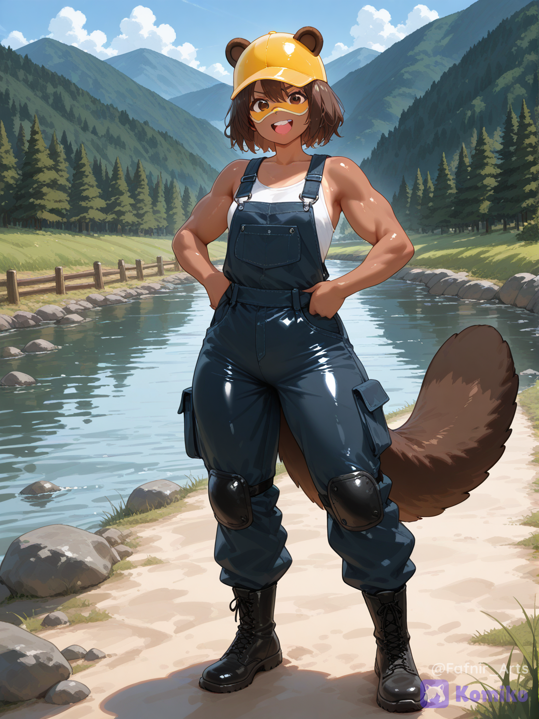 Full body shot, frontal view, a single 25-year-old hardworking artisan female humanization of Bibarel pokemon. She has a beautiful human face with a distinct tan cream-colored mask pattern around her mouth and nose, showing wide sturdy buck teeth. She has dark brown hair, round ears, and a huge, heavy, flat blackish-brown beaver tail with distinct ridges. She is wearing a rugged, stylish dark brown and tan denim overall combat suit, posing confidently. She has a satisfied, proud, and determined expression. The background is a massive, beautifully constructed wooden river dam on a rushing river in Sinnoh under a bright sun. 100% recognizable Bibarel design, perfect anatomy, [vivid-oil-cel-style]