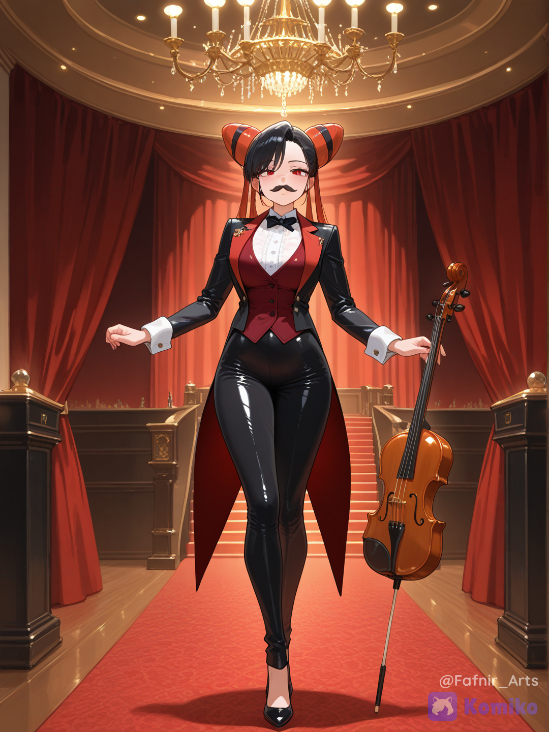 Full body shot, frontal view, a single 25-year-old elegant conductor female humanization of Kricketune pokemon. She has a beautiful human face with two incredibly long, thin, curled black feeler-whiskers framing her cheeks like an aristocratic mustache. Her forearms are fully integrated into sharp, dark red blade-like violin bows. She is wearing an exquisite burgundy and black tailcoat dress with dark beetle-wing coattails, and a cream-colored vest patterned like a violin's sound-post on her chest. She has a passionate, dramatic, and confident performing expression. The background is the grand, illuminated opera house hall of Hearthome City. 100% recognizable Kricketune design, perfect anatomy, [vivid-oil-cel-style]