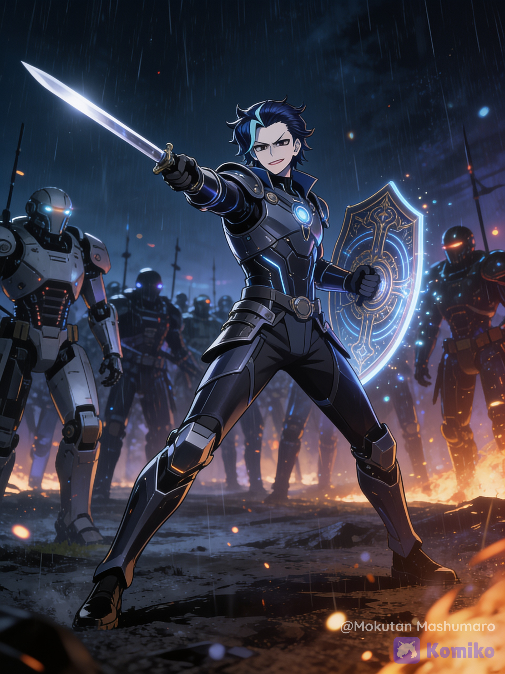 [semi-realistic-portrait-style], @mokutan-mashumaro-RGUt, 1boy, pointing sword, holding shield, cybernetic commander battle outfit, full body, wide shot, ethereal lighting, firelight, glowing particles, night, battlefield, army of varying robot mercenaries in background, raining