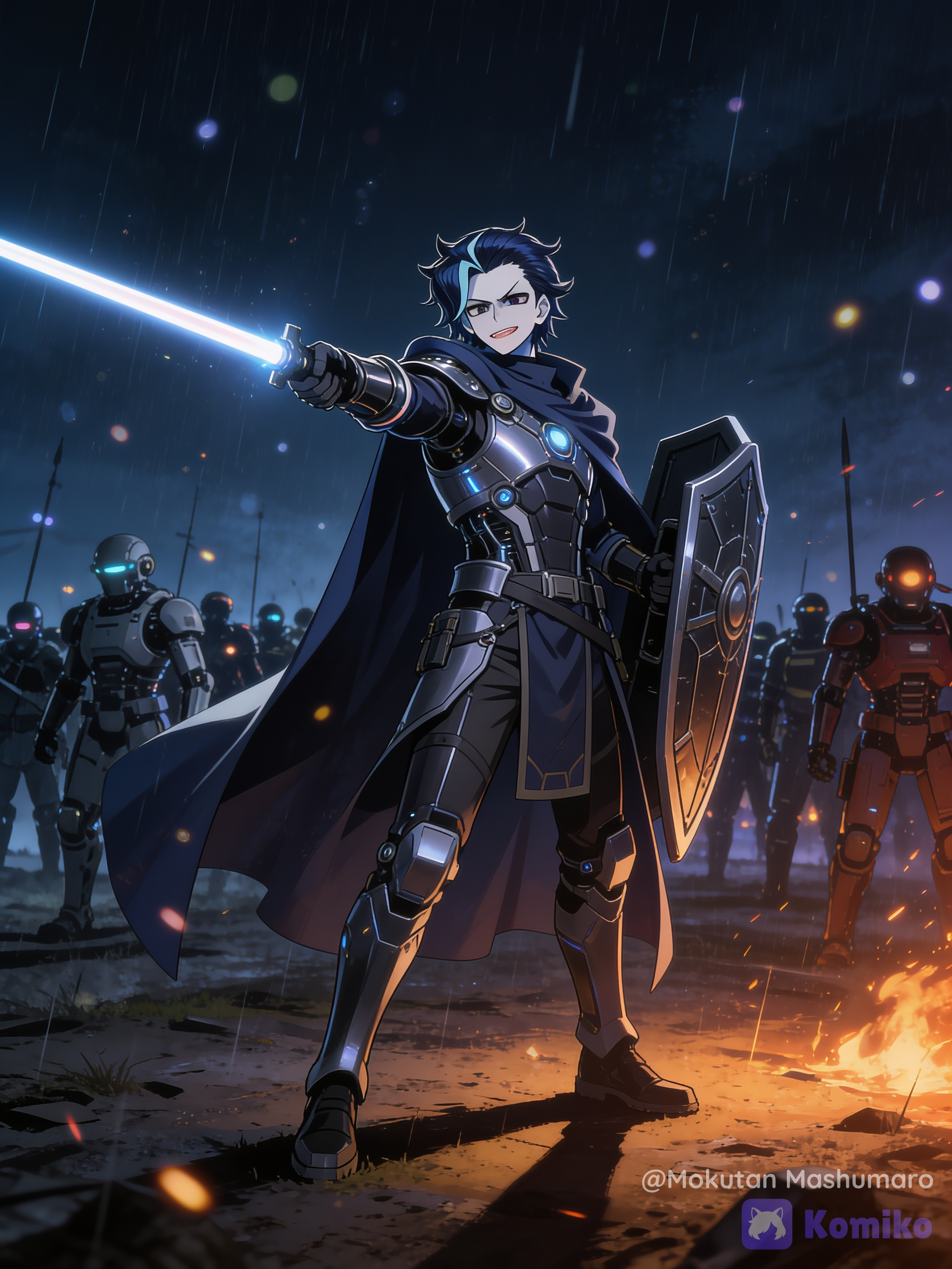 [semi-realistic-portrait-style], @mokutan-mashumaro-RGUt, 1boy, pointing laser sword, holding shield, cybernetic commander battle outfit with heavy cloak, full body, wide shot, ethereal lighting, firelight, glowing particles, night, battlefield, army of varying robot mercenaries in background, raining