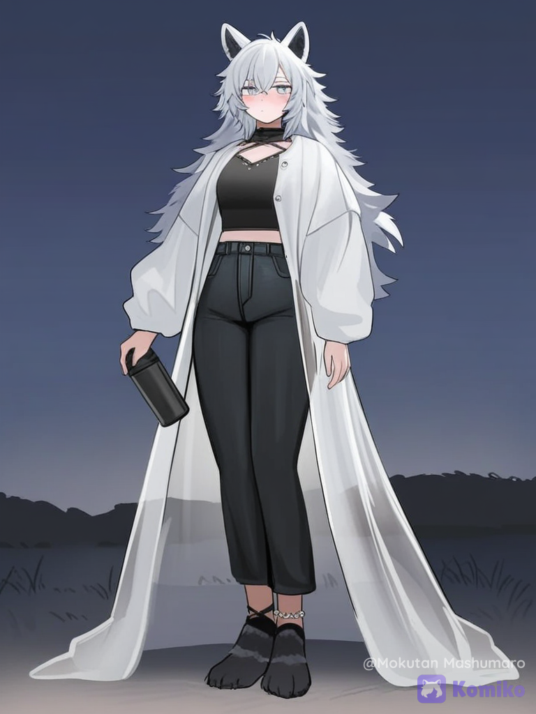 [soft-furry-style], 1girl, standing, blush, expressionless, smooth black fur, medium chest, silver hair color, long hair, tall female, thin torso, medium waist, lanky limbs, smooth fur, holding a thermos, long white coat, casual pants, wool fabric, silk, denim, translucent fabric, studs, lace, anklet, black wolf ears, silver hair, straight bangs, messy hair, full body, night, white background, clean background