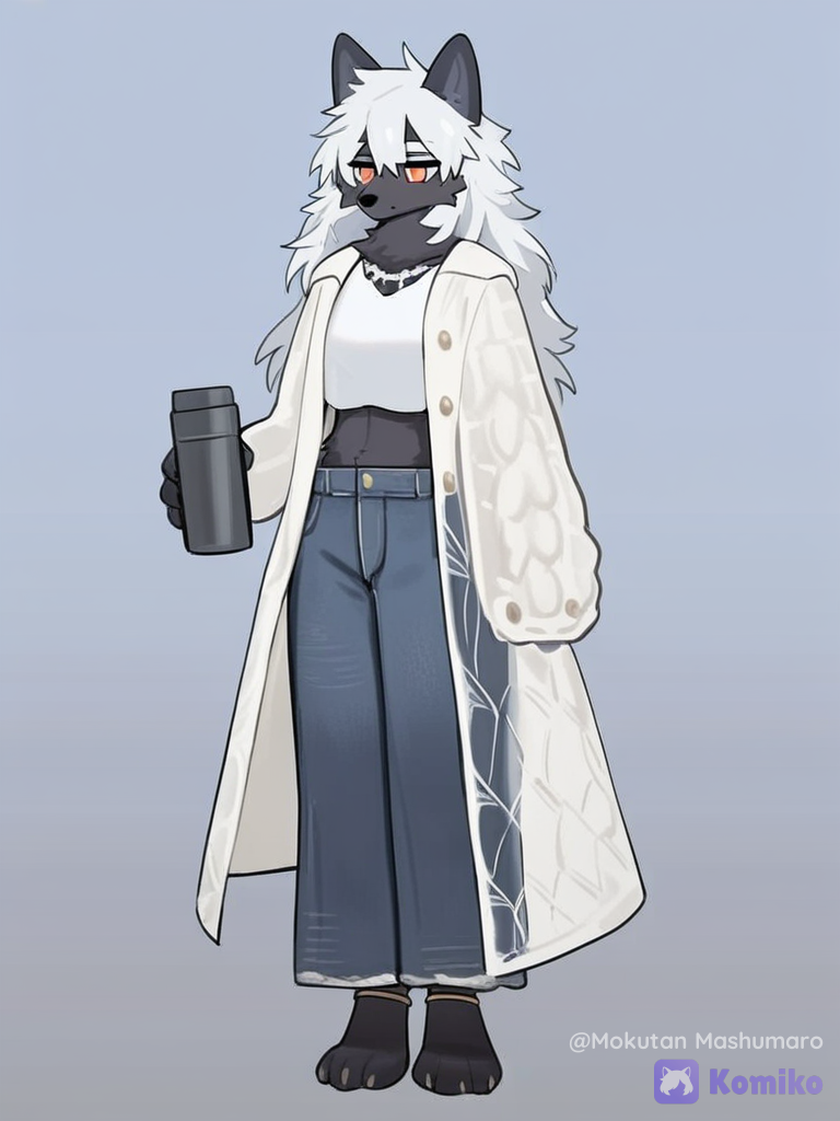 [soft-furry-style], 1girl, standing, blush, expressionless, smooth black fur, medium chest, silver hair color, long hair, tall female, thin torso, medium waist, lanky limbs, smooth fur, holding a thermos, long white closed coat, casual pants, wool fabric, silk, denim, translucent fabric, studs, lace, anklet, black wolf ears, silver hair, straight bangs, messy hair, full body, night, white background, clean background, wolf snout, snout, furry female