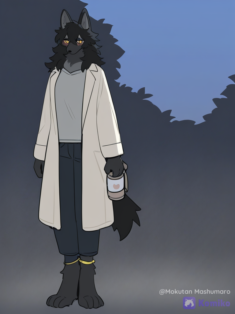 [soft-furry-style], 1girl, standing, blush, expressionless, smooth black fur, medium chest, black hair color, long hair, tall female, thin torso, medium waist, lanky limbs, smooth fur, holding a thermos, long white closed coat, casual pants, wool fabric, silk, denim, studs, lace, anklet, black wolf ears, black hair, straight bangs, messy hair, full body, night, white background, clean background, wolf snout, snout, furry female, grey underbelly