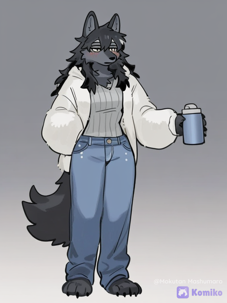 [soft-furry-style], 1girl, standing, blush, expressionless, smooth black fur, medium chest, black hair color, long hair, tall female, thin torso, medium waist, lanky limbs, smooth fur, holding a thermos, long white closed coat, casual pants, wool fabric, denim, studs, black wolf ears, black hair, straight bangs, messy hair, full body, night, white background, clean background, wolf snout, snout, furry female, grey underbelly, sipping thermos