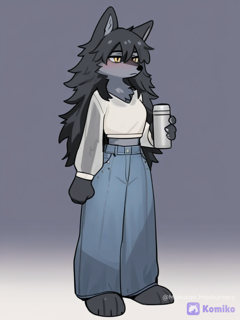 [soft-furry-style], 1girl, standing, blush, expressionless, smooth black fur, medium chest, black hair color, long hair, tall female, thin torso, medium waist, lanky limbs, smooth fur, holding a thermos, casual pants, translucent fabric, denim, studs, black wolf ears, black hair, straight bangs, messy hair, full body, night, white background, clean background, wolf snout, snout, furry female, grey underbelly, sipping thermos