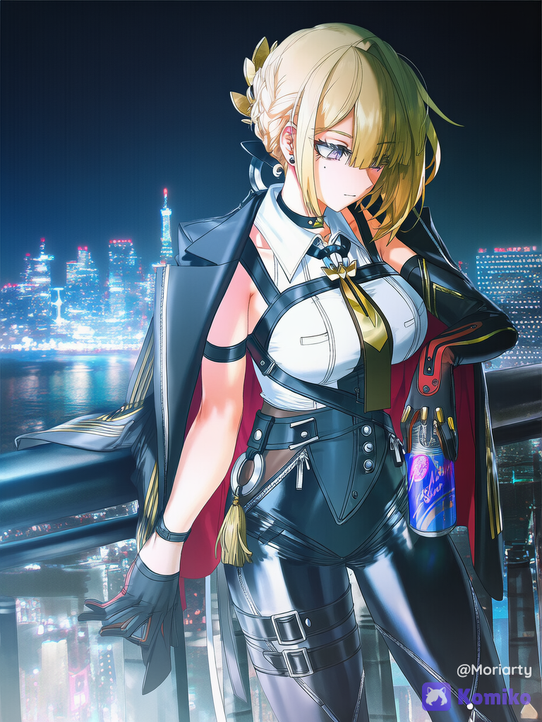 evelyn zero, [high-contrast-glossy-style]ella esta recargada sobre el barandal de un puente es de noche y las luces de la ciudad iluminan la ciudad de color neón, mientras ella tiene una lata de soda en sus manos y mira el rio debajo del puente.