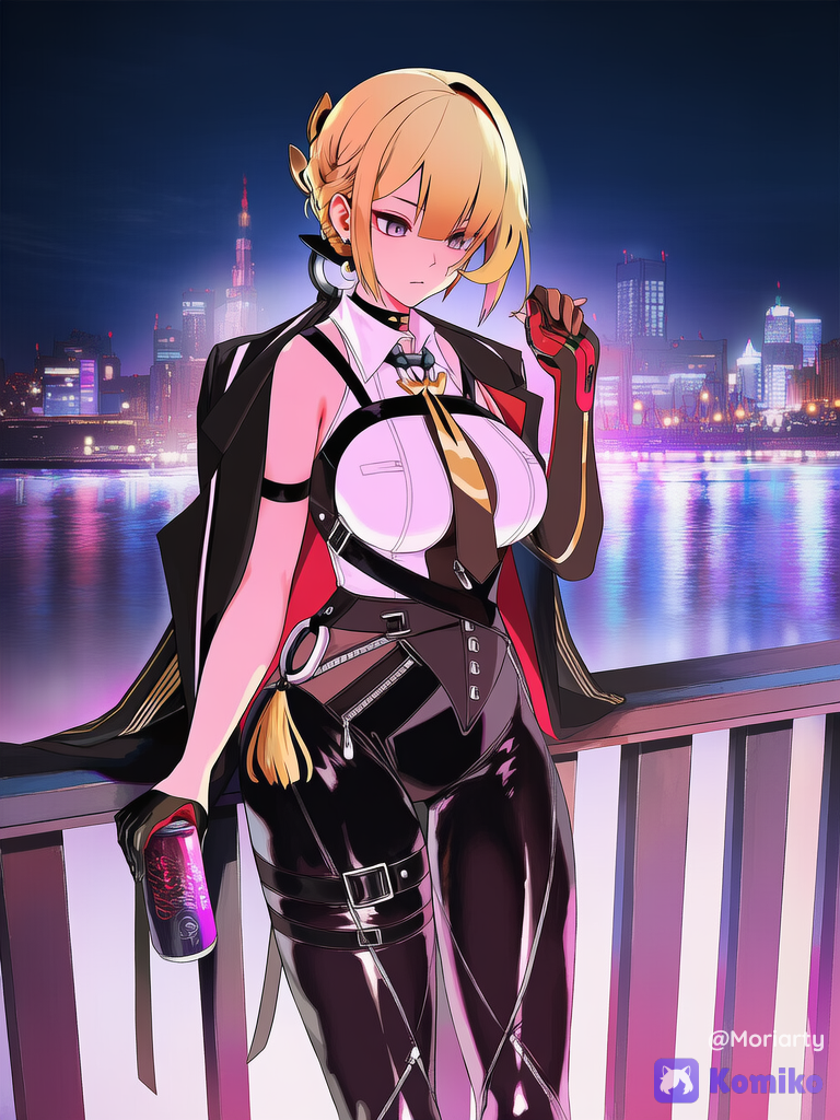 evelyn zero, [vivid-detailed-style]ella esta recargada sobre el barandal de un puente es de noche y las luces de la ciudad iluminan la ciudad de color neón, mientras ella tiene una lata de soda en sus manos y mira el rio debajo del puente.