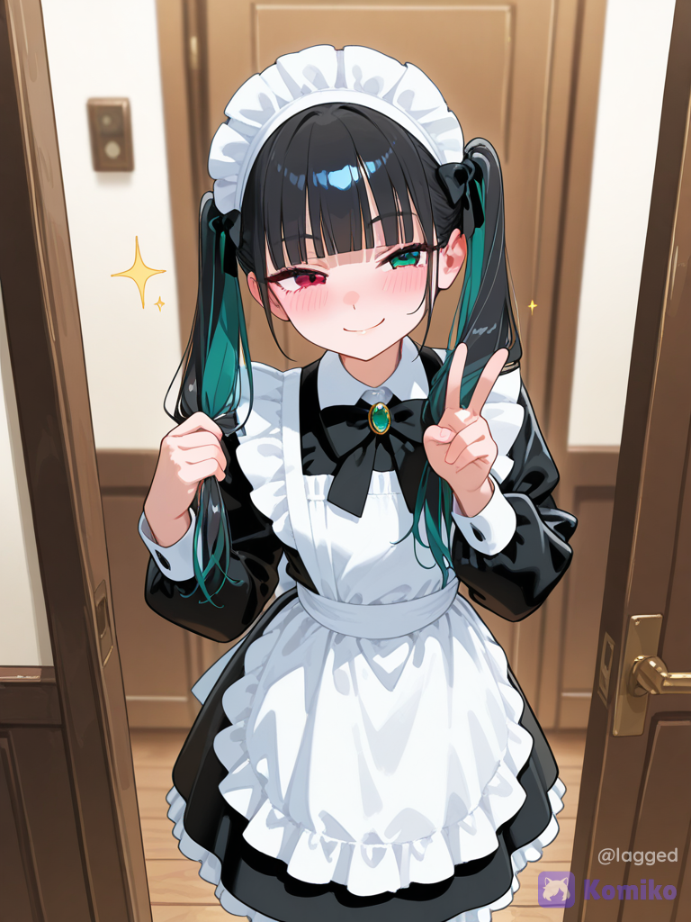 [vivid-oil-cel-style], @lani-cjjc, holding hair, v sign, selfie, blush, smirk, olive green, cowboy shot, depth of field, sparkle, day, flickering light