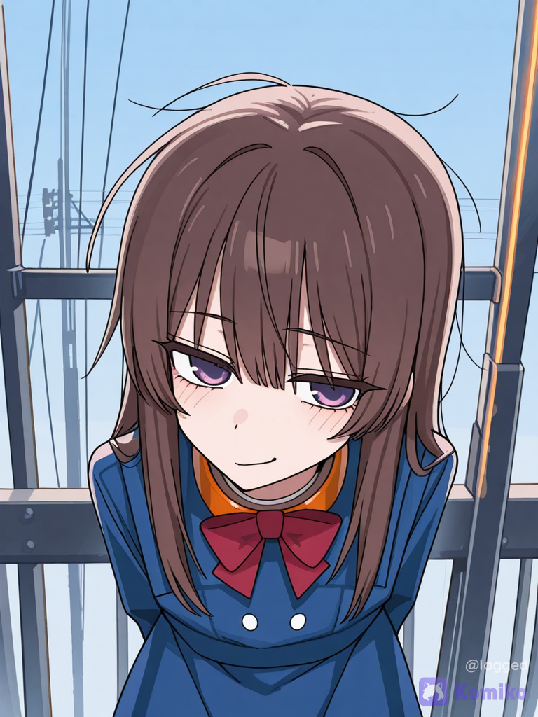 [toon-shaded-style], @dim-8dwK, looking back, head tilt, frown, smirk, cowboy shot, ultra-wide shot, from above, neon lights, day, firelight
