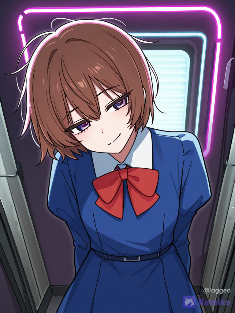 [toon-shaded-style], @dim-8dwK, looking back, head tilt, frown, smirk, cowboy shot, ultra-wide shot, from above, neon lights, day, firelight