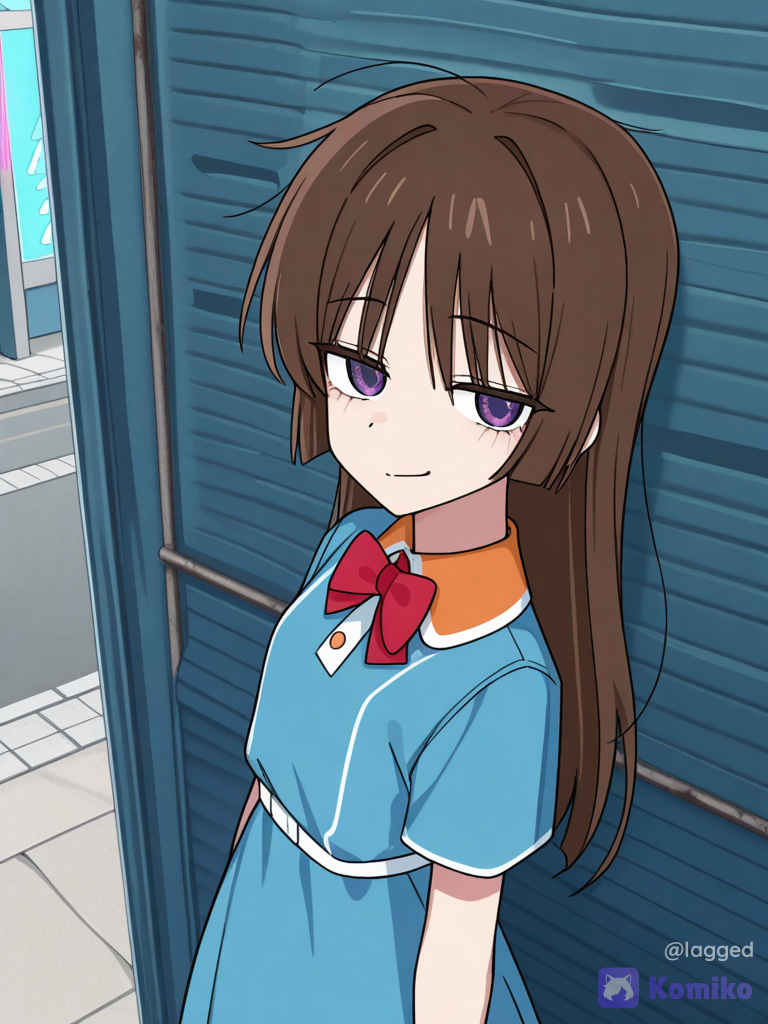 [toon-shaded-style], @dim-8dwK, looking back, head tilt, frown, smirk, cowboy shot, ultra-wide shot, from above, neon lights, day, firelight
