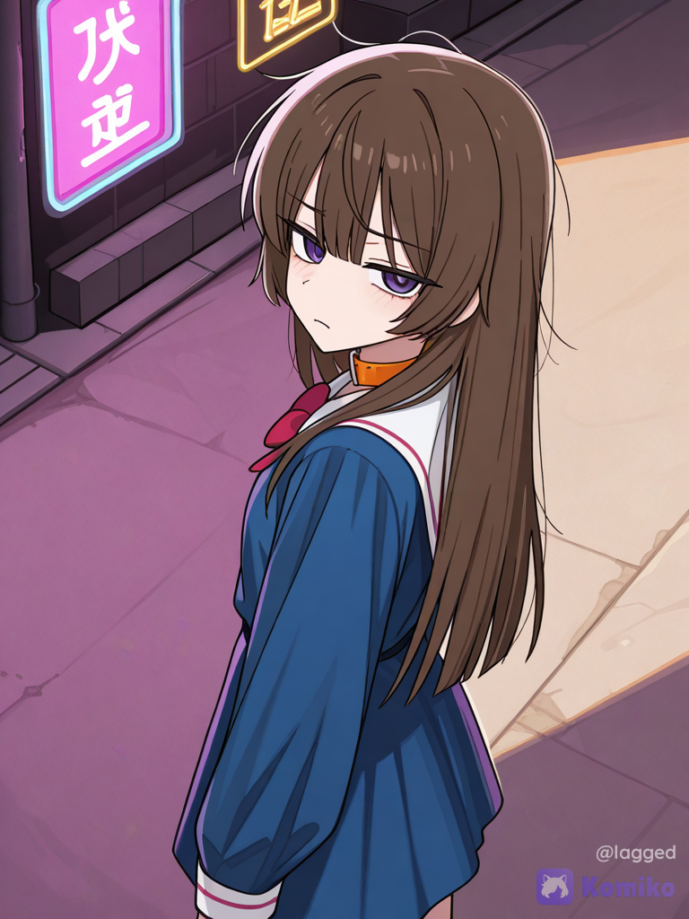 [toon-shaded-style], @dim-8dwK, looking back, head tilt, frown, smirk, cowboy shot, ultra-wide shot, from above, neon lights, day, firelight