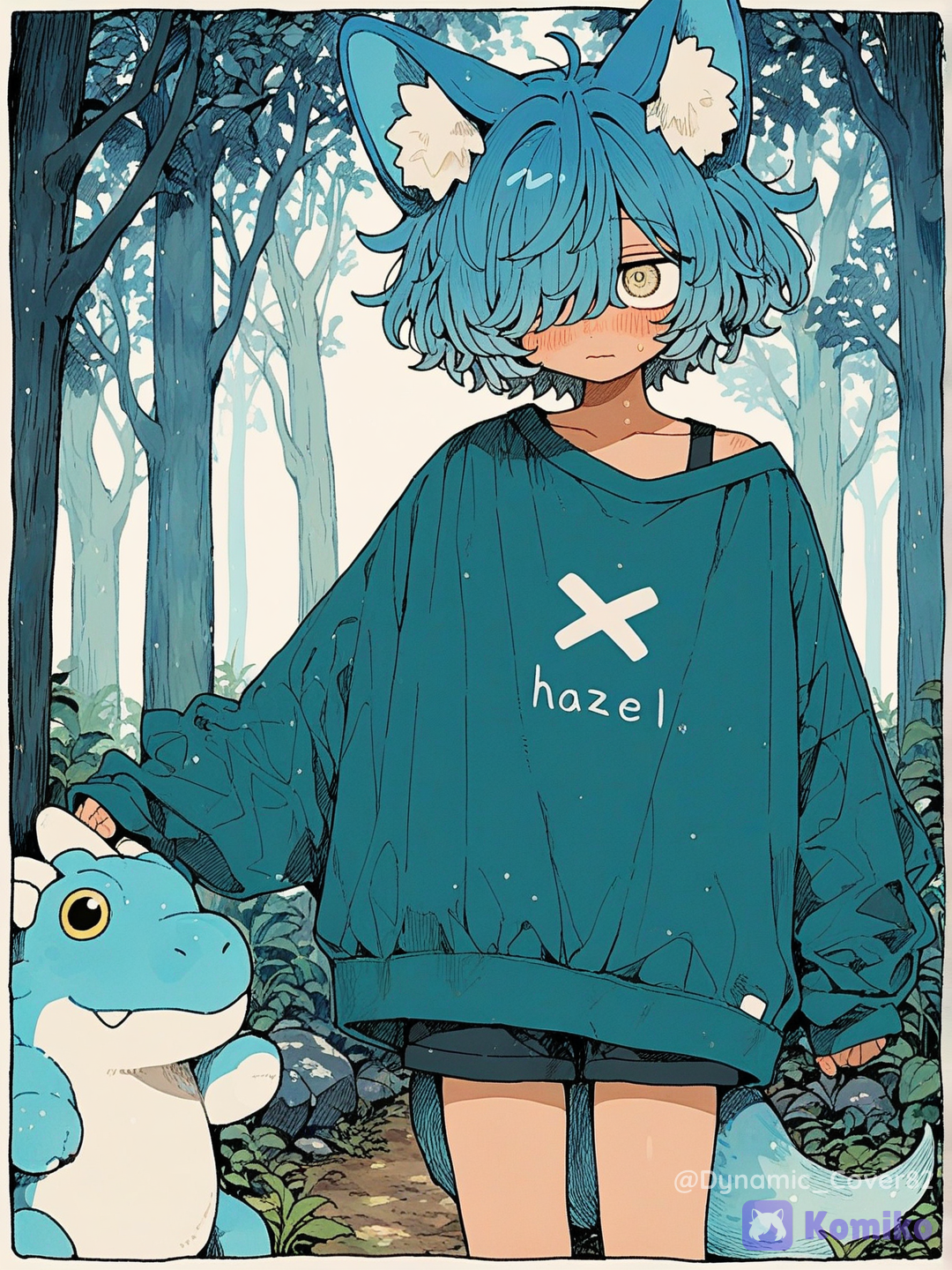 @dynamiccover82-gjio, short hair, anime art, white borderline with {{char}} overlapping it, cute expression, [sweet-painting-style]dragon aand forest, blue and green