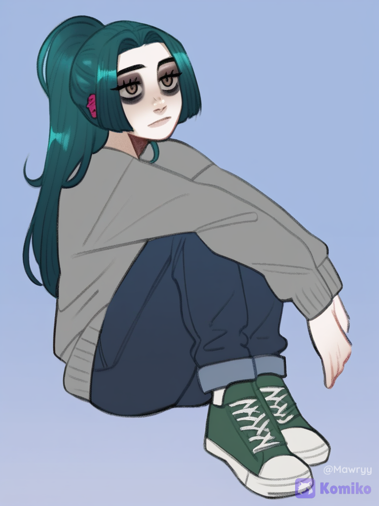 [soft-shaded-moe-style], 1girl,девушка с бирюзовыми волосами явно длинными,собранными в хвост.волосы прямые.Глаза фуксия (ярко розовый) форма глаз расслабленная,черты лица четкие но мягкие.кожа бледная,а под глазами мешки.она одета в серую кофту и джинсы темно синие с серым оттенком.на её ногах конверты зеленые.