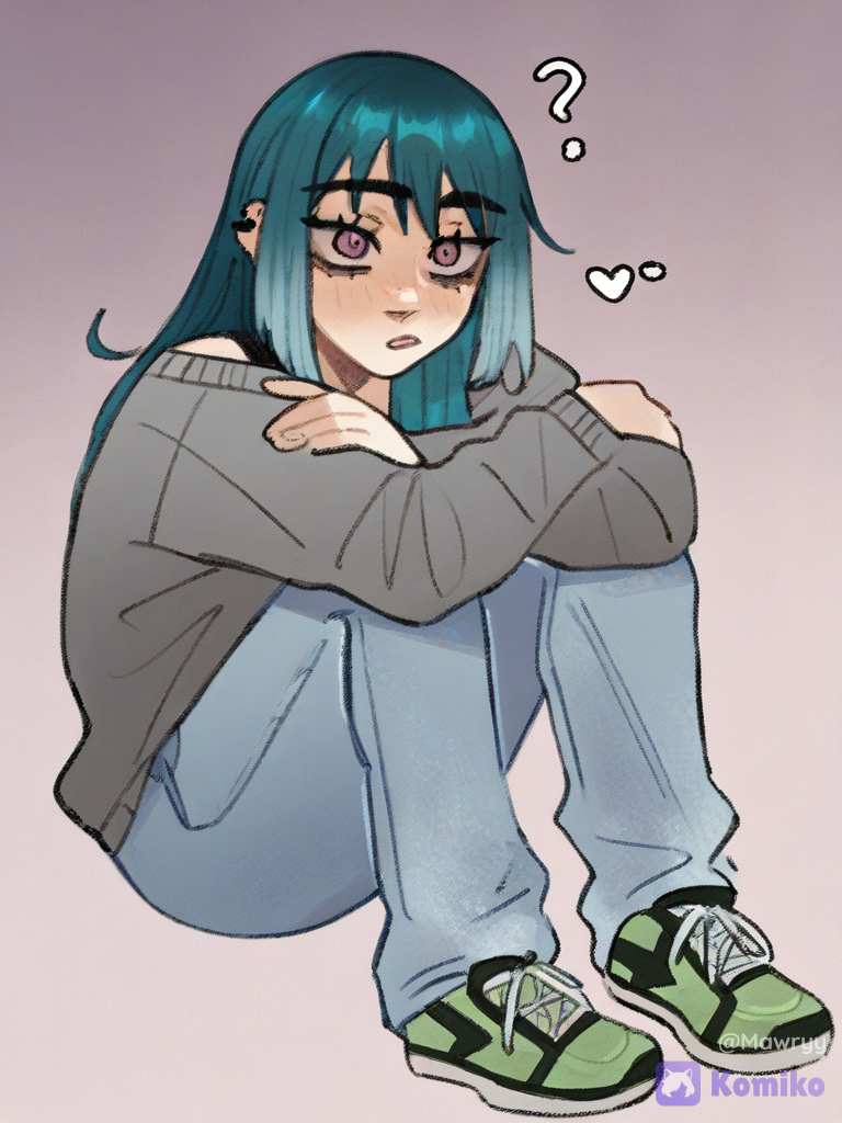 [soft-shaded-moe-style], 1girl, девушка с бирюзовыми немного растрёпанными прямыми волосами,без окрашиваний с челкой .Ее глаза ярко розовые.глаза расслабленые,она смотрит с небольшим растерянным взглядом,и выглядит наивной.у нее серая кофта синие джинсы и зеленые кроссовки ￼