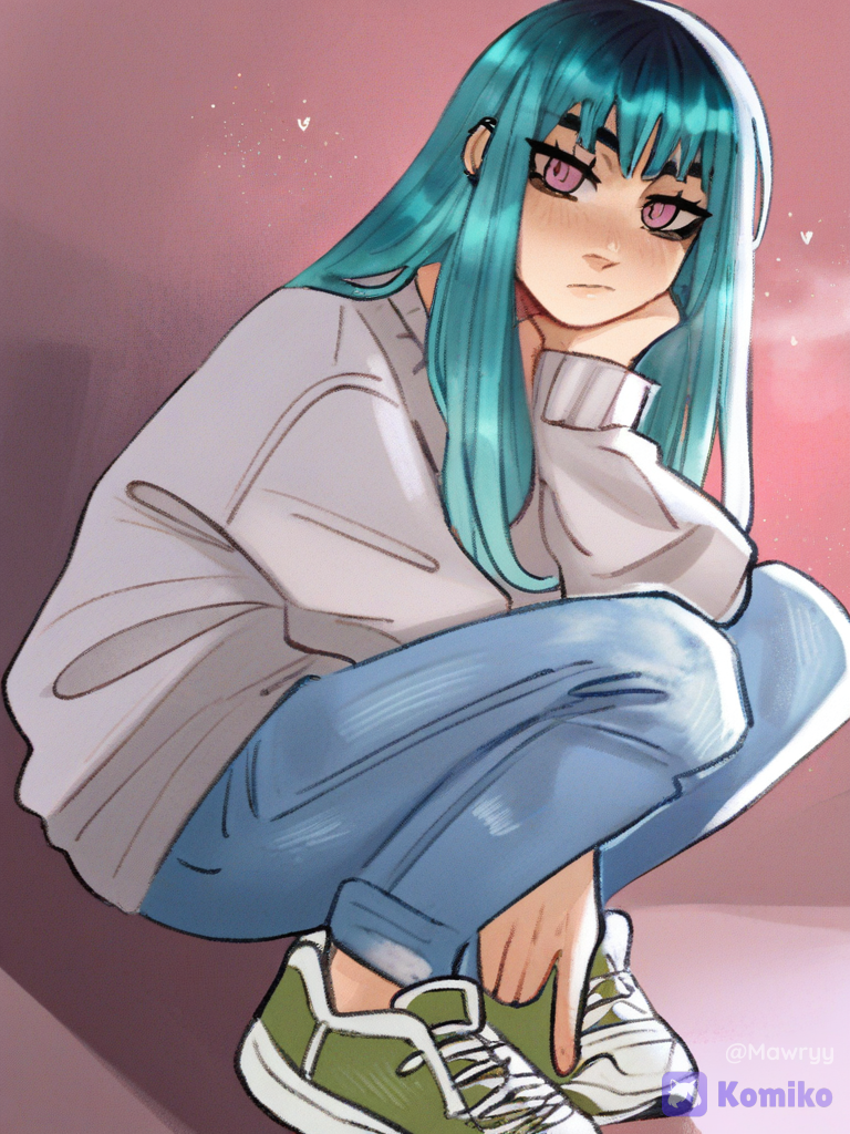 [soft-shaded-moe-style], 1girl, девушка с бирюзовыми немного растрёпанными прямыми волосами,без окрашиваний с челкой .Ее глаза ярко розовые.глаза расслабленые,она смотрит с небольшим растерянным взглядом,и выглядит наивной.у нее серая кофта синие джинсы и зеленые кроссовки ￼