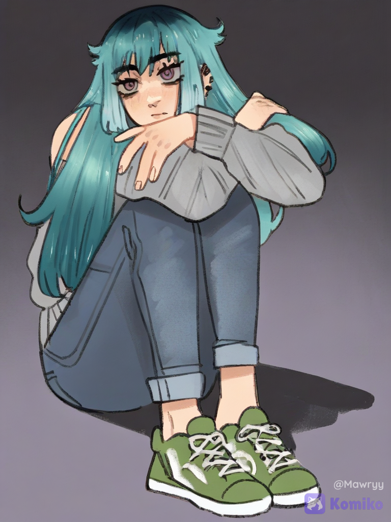 [soft-shaded-moe-style], 1girl, девушка с бирюзовыми немного растрёпанными прямыми волосами,без окрашиваний с челкой .Ее глаза ярко розовые.глаза расслабленые,она смотрит с небольшим растерянным взглядом,и выглядит наивной.у нее серая кофта синие джинсы и зеленые кроссовки ￼