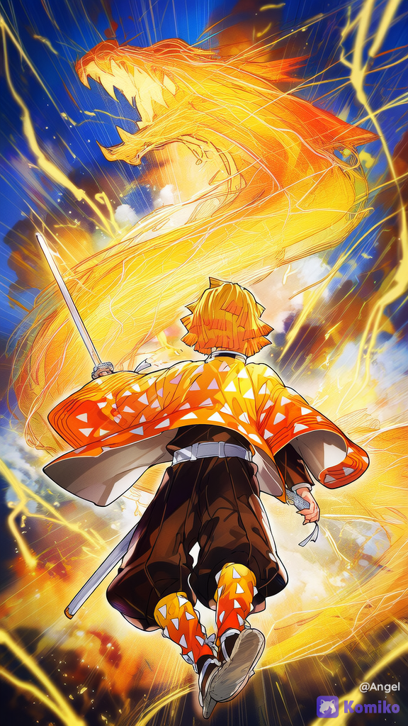 [neon-pop-style]Zenitsu de Kimetsu no Yaiba com o fundo da imagem em explosão de dragões de raios liberando o máximo da última forma da respiração do trovão. SFW