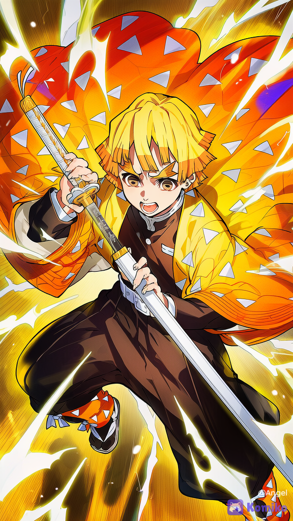 [neon-pop-style]Zenitsu de Kimetsu no Yaiba com o fundo da imagem em explosão de dragões de raios liberando o máximo da última forma da respiração do trovão. SFW