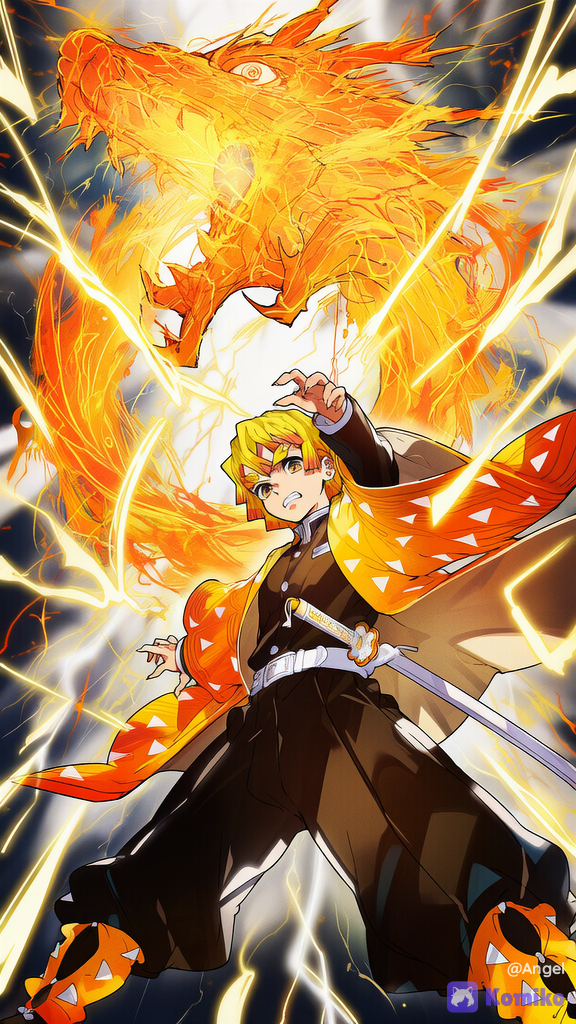 [neon-pop-style]Zenitsu de Kimetsu no Yaiba com o fundo da imagem em explosão de dragões de raios liberando o máximo da última forma da respiração do trovão. SFW