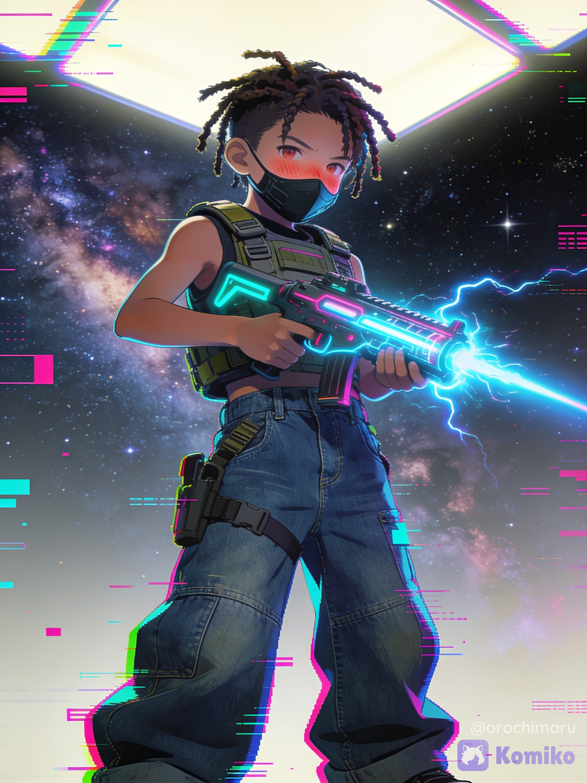 [cyberpunk-style], 1boy, holding gun, blush, chest harness, wide-leg pants, denim, face mask, dreadlocks, ivory white, from above, neon lights, cosmic background
