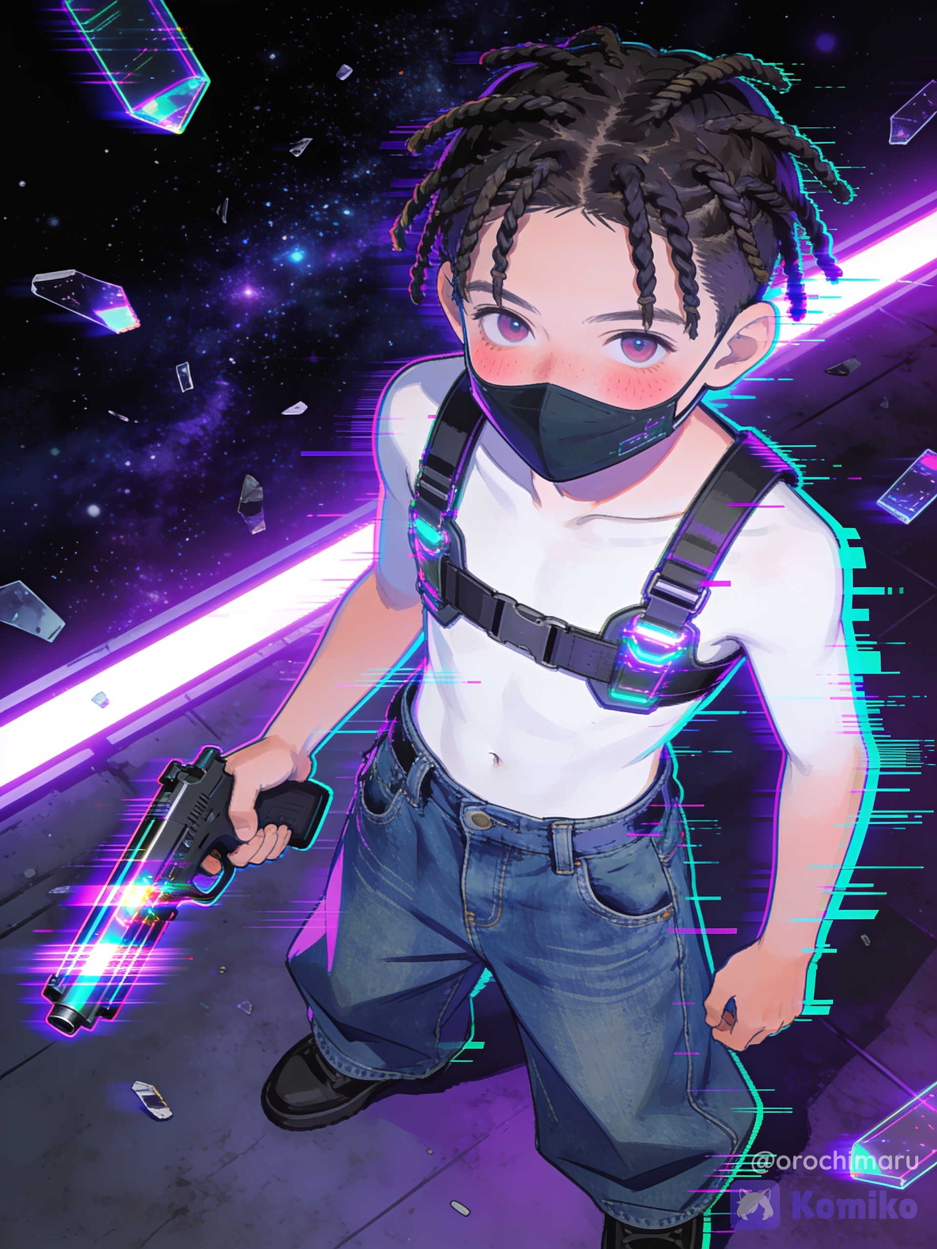 [cyberpunk-style], 1boy, holding gun, blush, chest harness, wide-leg pants, denim, face mask, dreadlocks, ivory white, from above, neon lights, cosmic background