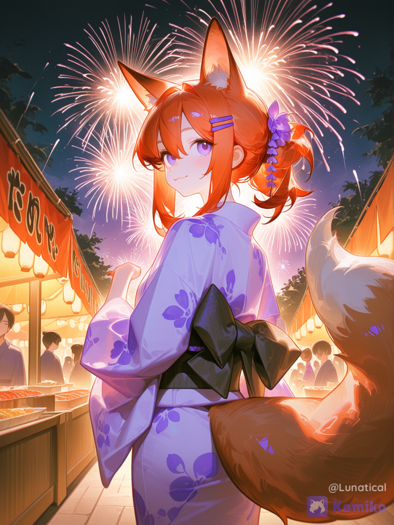 Ethereal lighting, Cute human girl, medium length light orange hair with sidebangs closing right eyes, fox ears, fluffy fox tail, beautiful lilac kimono, light purple ribbon hairclip on left side, night Japanese background fireworks, standing, looking back at viewer, smile, eyes closed, [high-gloss-illustration-style]