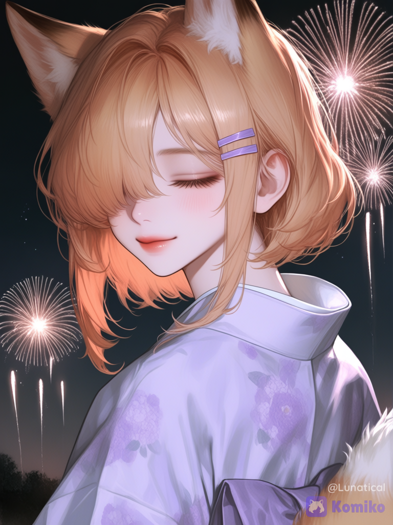 Ethereal lighting, Cute human girl, medium length light orange hair with sidebangs closing right eyes, fox ears, fluffy fox tail, beautiful lilac kimono, light purple ribbon hairclip on left side, night Japanese background fireworks, standing, looking back at viewer, smile, eyes closed, [semi-realistic-portrait-style]