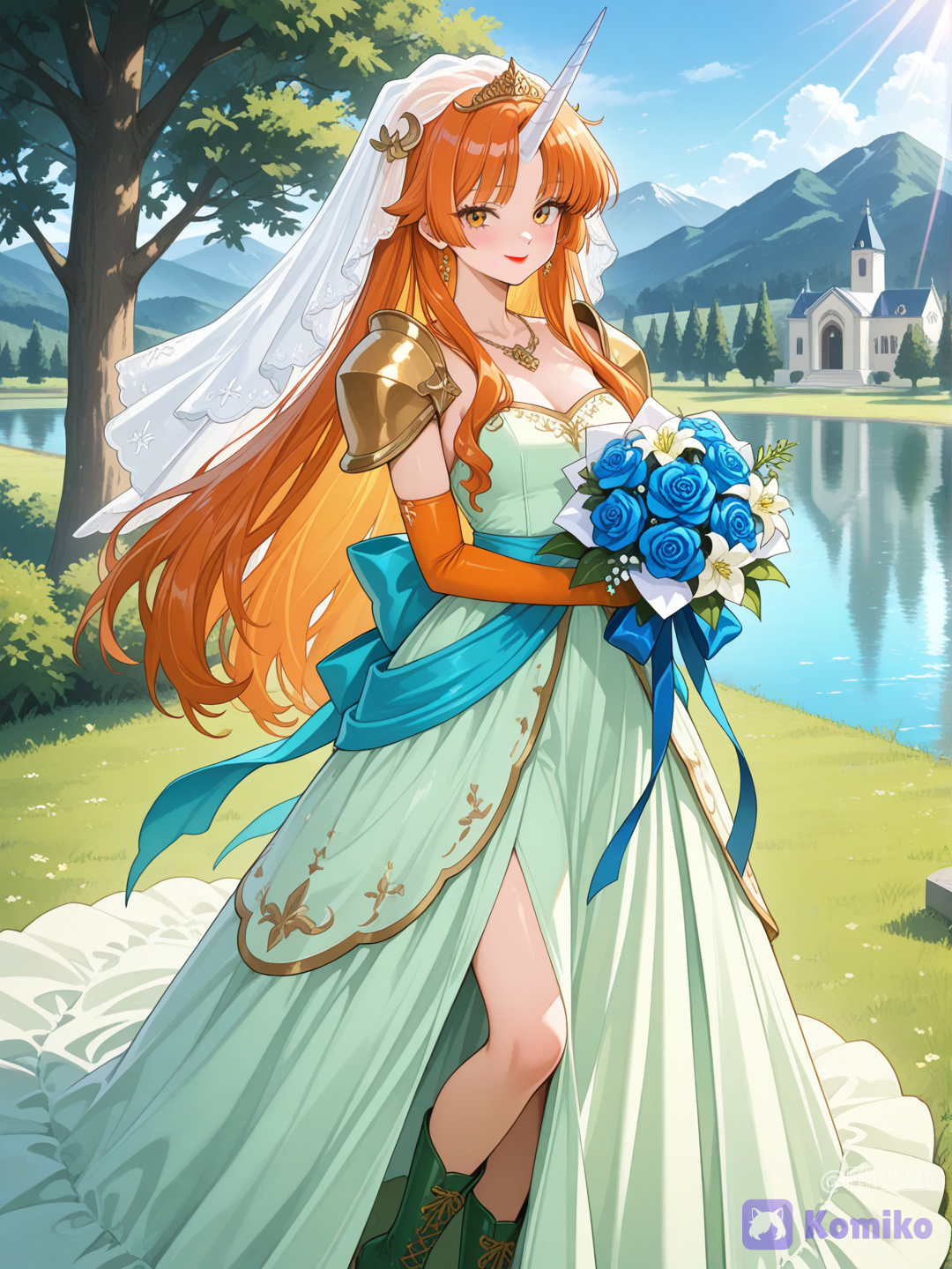【畫風】
Late-1990s Japanese PC bishoujo game CG, anime style, classic visual novel illustration, anime illustration, painterly rendering, airbrush gradients, refined anime proportions, soft painterly rendering with airbrush gradients, nostalgic digital painting, hair strands, luminous skin, realistic fabric folds, premium fantasy RPG key visual, clear outline, delicate and expressive contours, subtle skin ranslucency effect, subtle skin reflections, flawless skin, exquisite detail, perfect anatomy, expressive eyes, anime style
【角色名字】艾西亞
【角色核心】
年輕女性，
直髮（顏色：#EE9900），髮量多，髮質偏硬，
瞳孔顏色：#EE9900，
活潑好動，額頭正中長著一根20公分長的白色尖角，尖角型態類似獨角鯨角，獸人種族：一角族
【臉部】
橢圓臉，小巧鼻樑，柔和下巴，大而圓的眼睛，
細長柳葉眉，自然紅唇，精緻五官，
寫實動漫比例
【髮型】
厚重的中分瀏海，瀏海頭髮左右梳開成一束、長度到脖子，雙耳後各有一束頭髮垂落、頭髮尾端以兩顆水藍色球體束起，其餘頭髮自然垂落、長度到臀部
【飾品】
頭上戴著白色新娘頭紗，頭部兩側有百合、藍玫瑰與葡萄造型的頭飾固定頭紗，脖子上戴著黃金項鍊，
【上身】
淺綠色多層薄紗無肩帶抹胸新娘禮服，抹胸上緣有金色滾邊，雙肩上有淡橘色護肩，雙手戴著淡橘色長手套
【外衣】
無
【腰部】
藍色布寬腰帶，在後腰打著大蝴蝶結
【裙褲】
無
【鞋襪】
綠色短靴
【姿勢】
從教堂大門走出，雙手捧著新娘捧花（百合、玫瑰），看著觀眾
【表情】
幸福的微笑
【能力特效】
無
【背景】（模糊化）
教堂，草地，灌木，喬木，教堂後方的大湖，遠山，祥和氣息，
柔和日光，
景深
【光線】
陽光，
cinematic lighting, soft bloom, volumetric lighting, soft highlights
【品質】
ultra ultra-HD 8K anime illustration
Negative Prompt:
low quality, distorted anatomy, malformed hands, extra fingers, low resolution, sketch, rough painting, plastic skin, extra fingers, six fingers, fused fingers, missing fingers, malformed hands, bad hands, deformed hands, duplicated fingers, extra limbs, deformity foot, deformity lower leg