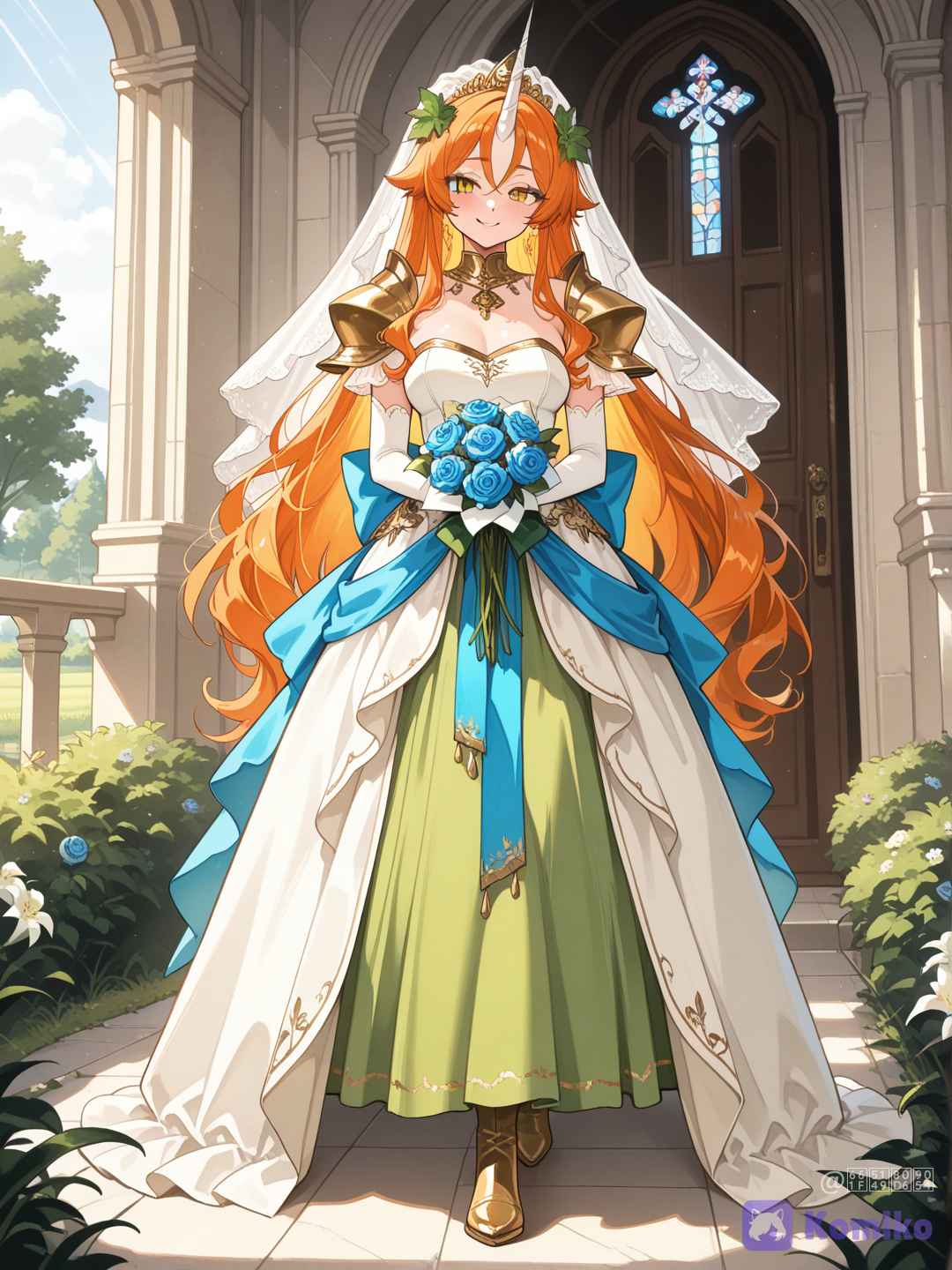 【畫風】
Late-1990s Japanese PC bishoujo game CG, anime style, classic visual novel illustration, anime illustration, painterly rendering, airbrush gradients, refined anime proportions, soft painterly rendering with airbrush gradients, nostalgic digital painting, hair strands, luminous skin, realistic fabric folds, premium fantasy RPG key visual, clear outline, delicate and expressive contours, subtle skin ranslucency effect, subtle skin reflections, flawless skin, exquisite detail, perfect anatomy, expressive eyes, anime style
【角色名字】艾西亞
【角色核心】
年輕女性，
直髮（顏色：#EE9900），髮量多，髮質偏硬，
瞳孔顏色：#EE9900，
修長雙腿，健康體態，
活潑好動，額頭正中長著一根20公分長的白色尖角，尖角型態類似獨角鯨角，獸人種族：一角族
【臉部】
橢圓臉，小巧鼻樑，柔和下巴，大而圓的眼睛，
細長柳葉眉，自然紅唇，精緻五官，
寫實動漫比例
【髮型】
厚重的中分瀏海，瀏海頭髮左右梳開成一束、長度到脖子，雙耳後各有一束頭髮垂落、頭髮尾端以兩顆水藍色球體束起，其餘頭髮自然垂落、長度到臀部
【飾品】
頭上戴著白色新娘頭紗，頭部兩側有百合、藍玫瑰與葡萄造型的頭飾固定頭紗，脖子上戴著黃金項鍊，額頭上戴著黃金護額，尖角從護額中間部分穿出
【上身】
淺綠色多層薄紗無肩帶抹胸新娘禮服，抹胸上緣有金色滾邊，雙肩上有淡橘色護肩，雙手戴著淡橘色長手套
【外衣】
無
【腰部】
藍色布寬腰帶，在後腰打著大蝴蝶結
【裙褲】
無
【鞋襪】
綠色短靴
【姿勢】
從教堂大門走出，雙手捧著新娘捧花（百合、玫瑰），看著觀眾
【表情】
幸福的微笑
【能力特效】
無
【背景】（模糊化）
教堂，草地，灌木，喬木，教堂後方的大湖，遠山，祥和氣息，
柔和日光，
景深
【光線】
陽光，
cinematic lighting, soft bloom, volumetric lighting, soft highlights
【品質】
ultra ultra-HD 8K anime illustration